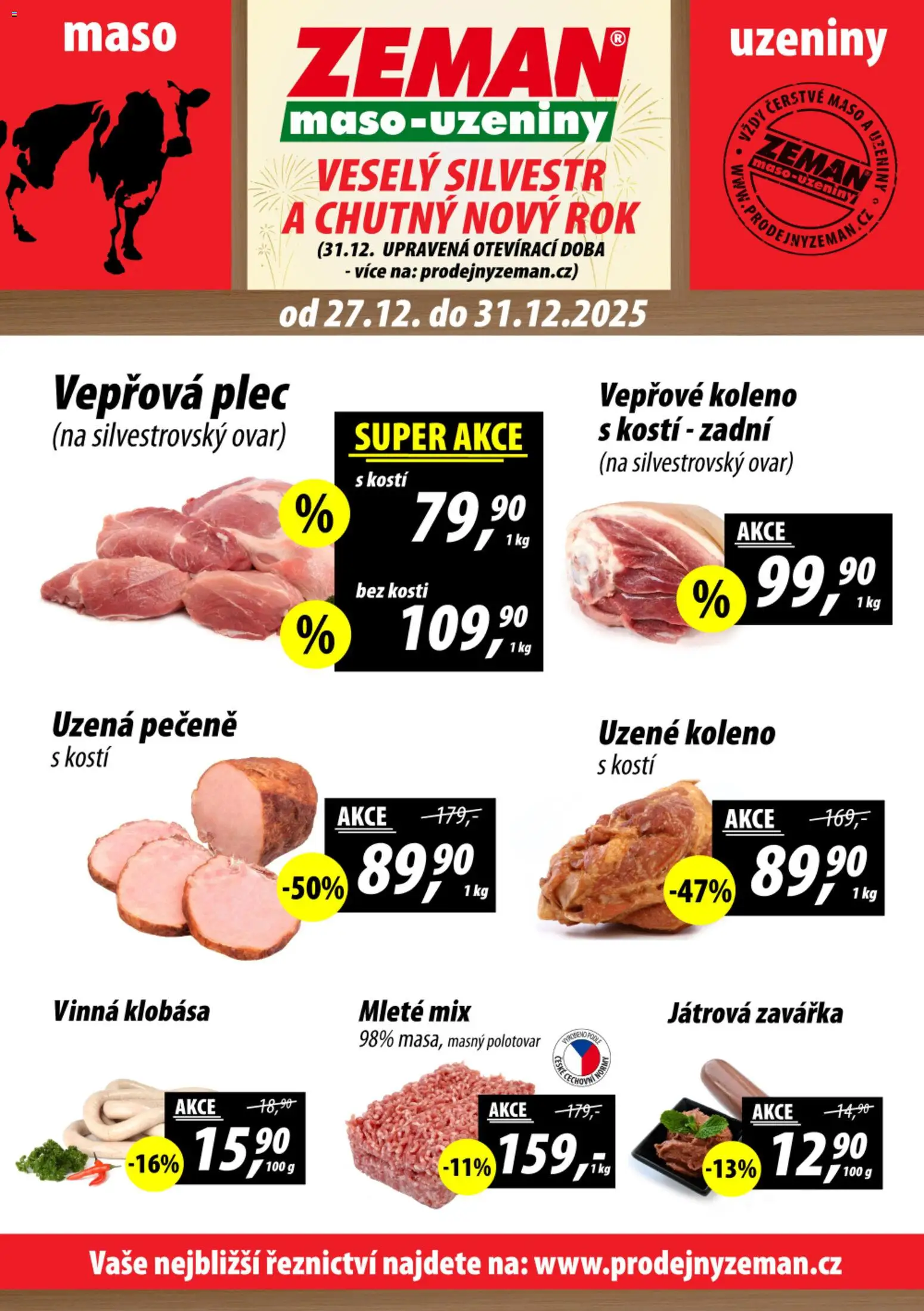 Prodejny Zeman leták od 27.12.2025 | Strana: 1 | Produkty: Vepřové koleno, Vinná klobása, Uzeniny, Maso