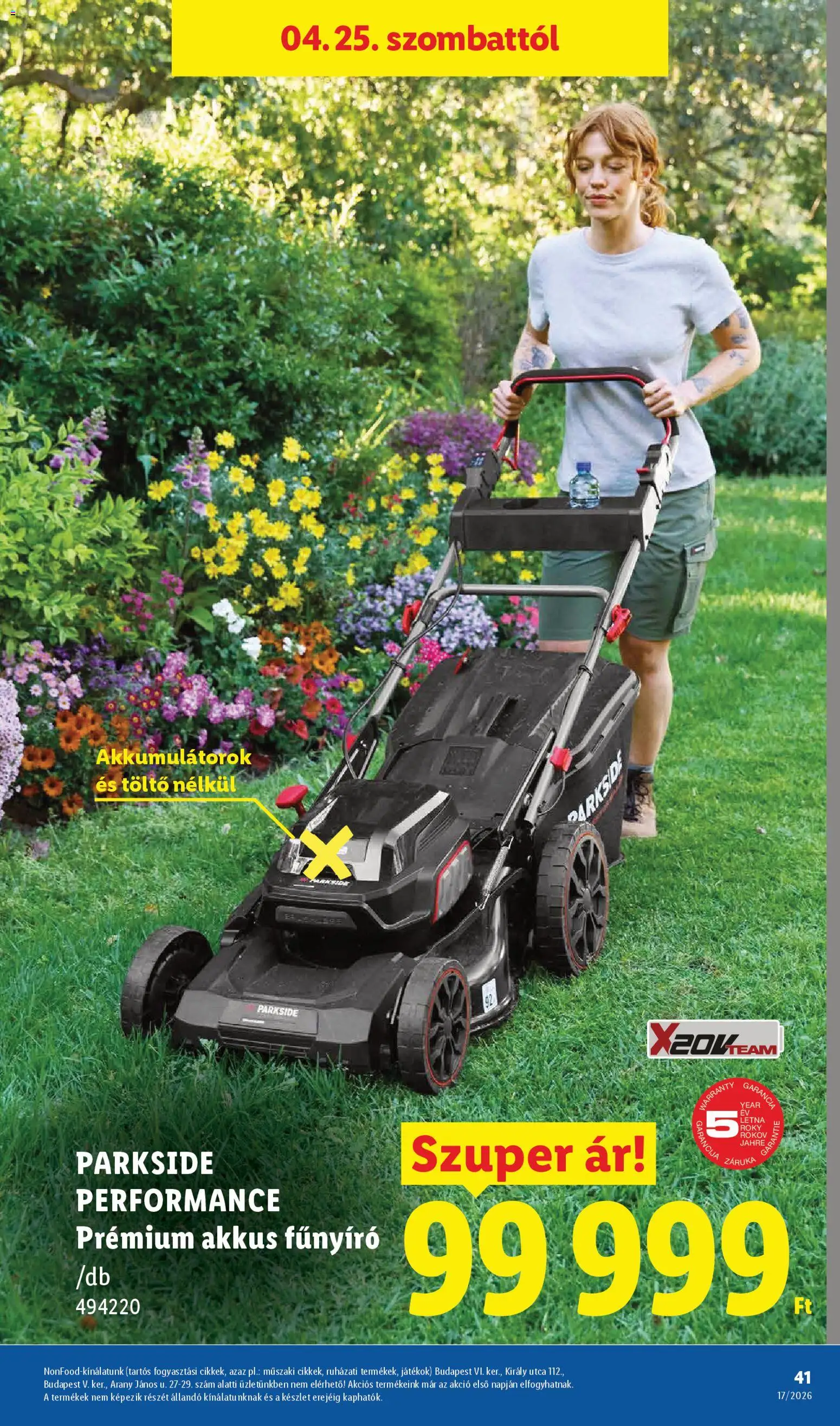 Lidl akciós ujság - amely érvényes a következő dátumtól: 23.04.2026 | Oldal: 41 | Termékek: Parkside, Játékok, Fűnyíró, Töltő