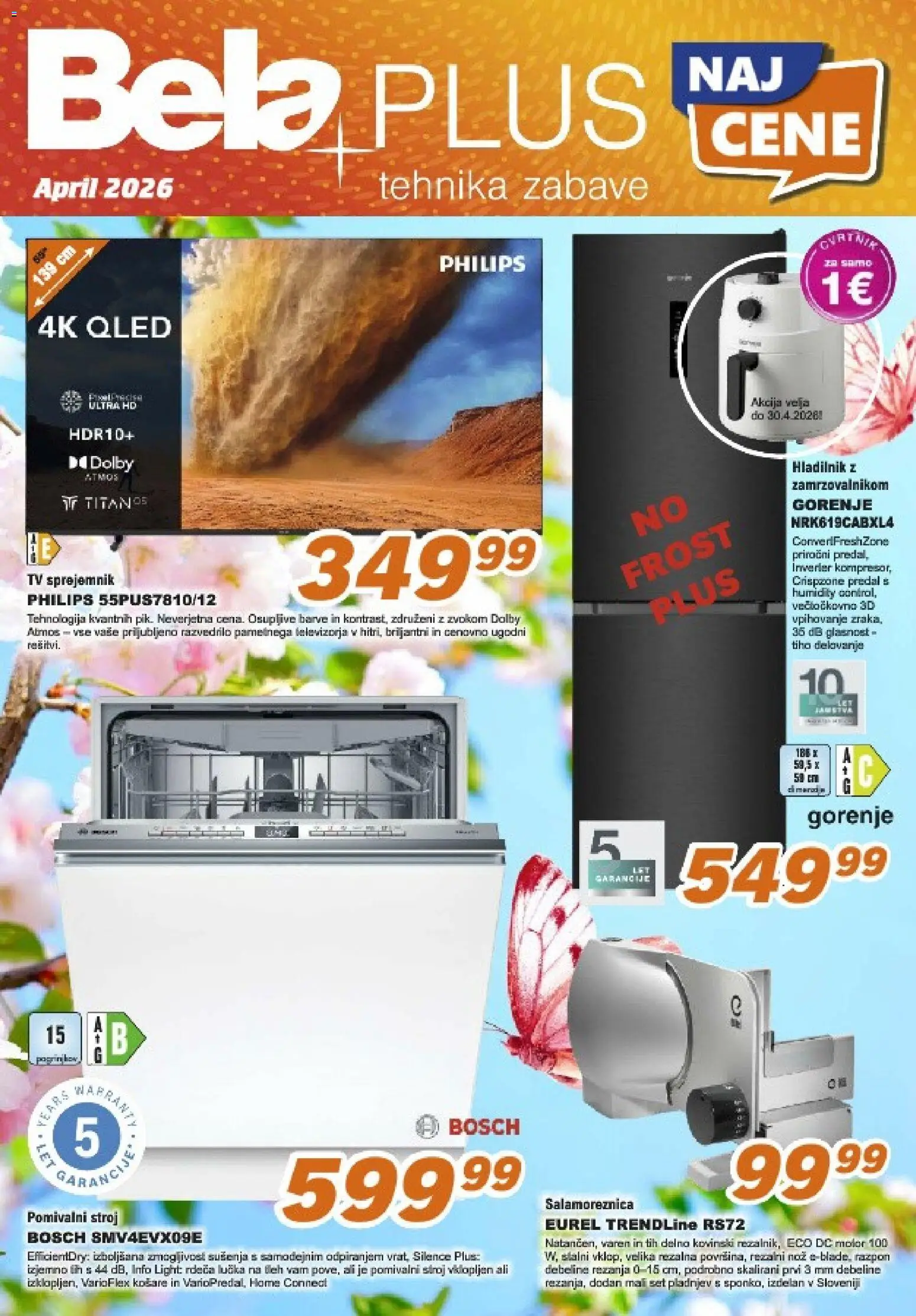Novi Bela plus katalog ponudbe – veljaven od 16.04.2026 | Stran: 1 | Izdelki: Tv, Hladilnik, Pomivalni stroj, Nož