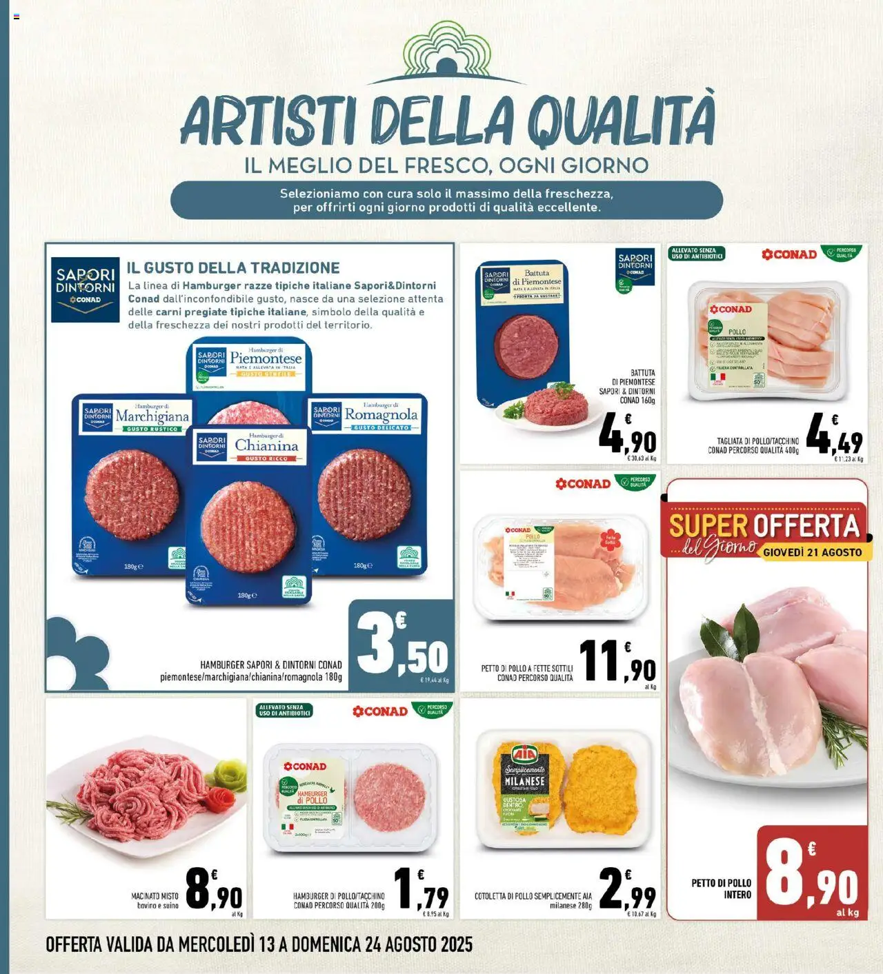 Volantino Conad del 13.08.2025 | Pagina: 2 | Prodotti: Bovino, Petto di Pollo, Pollo, Hamburger