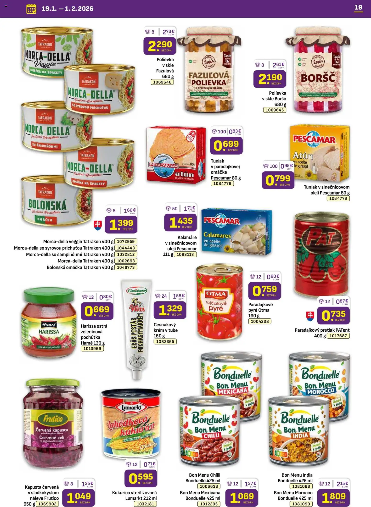 Nové Libex akcie – leták je platný od 19.01.2026 | Strana: 19 | Produkty: Tuniak, Krém, Morca Della, Špagety