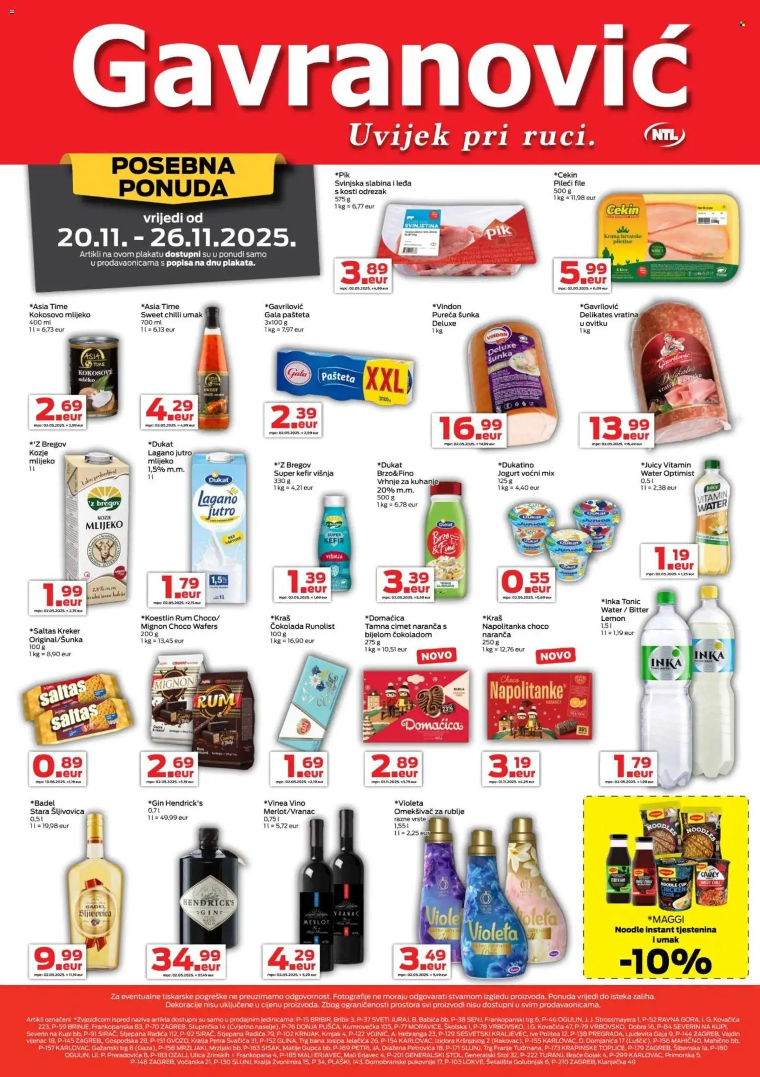Gavranović katalog | vrijedi od 20.11.2025 | Stranica: 1 | Proizvodi: Šljivovica, Mlijeko, Pašteta, Violeta