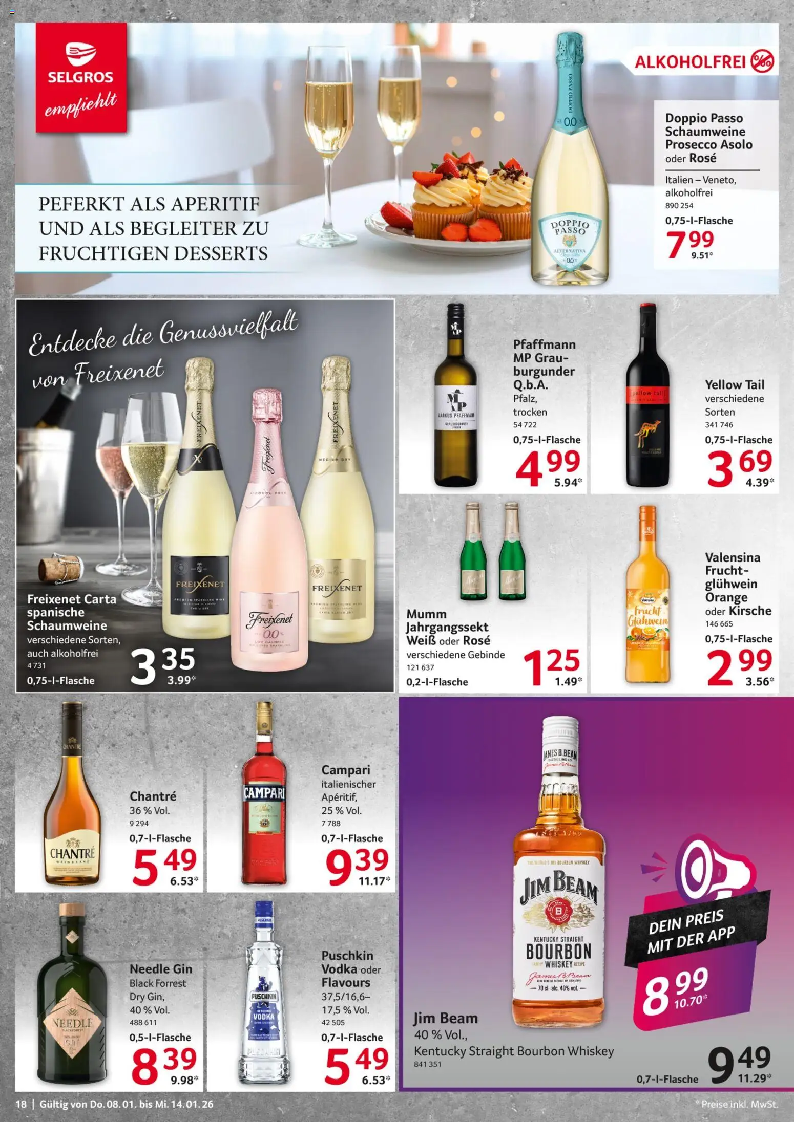 Selgros Prospekt 	 – gültig ab 08.01.2026 | Seite: 18 | Produkte: Jim beam, Campari, Prosecco, Whiskey
