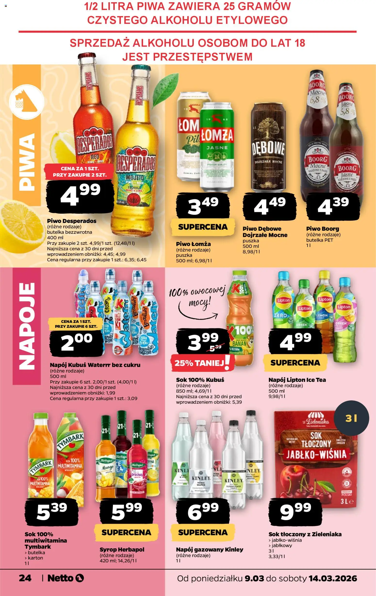 Netto gazetka od poniedziałku spożywcza od 09.03.2026 | Strona: 24 | Produkty: Syrop, Tequila, Sok, Banan