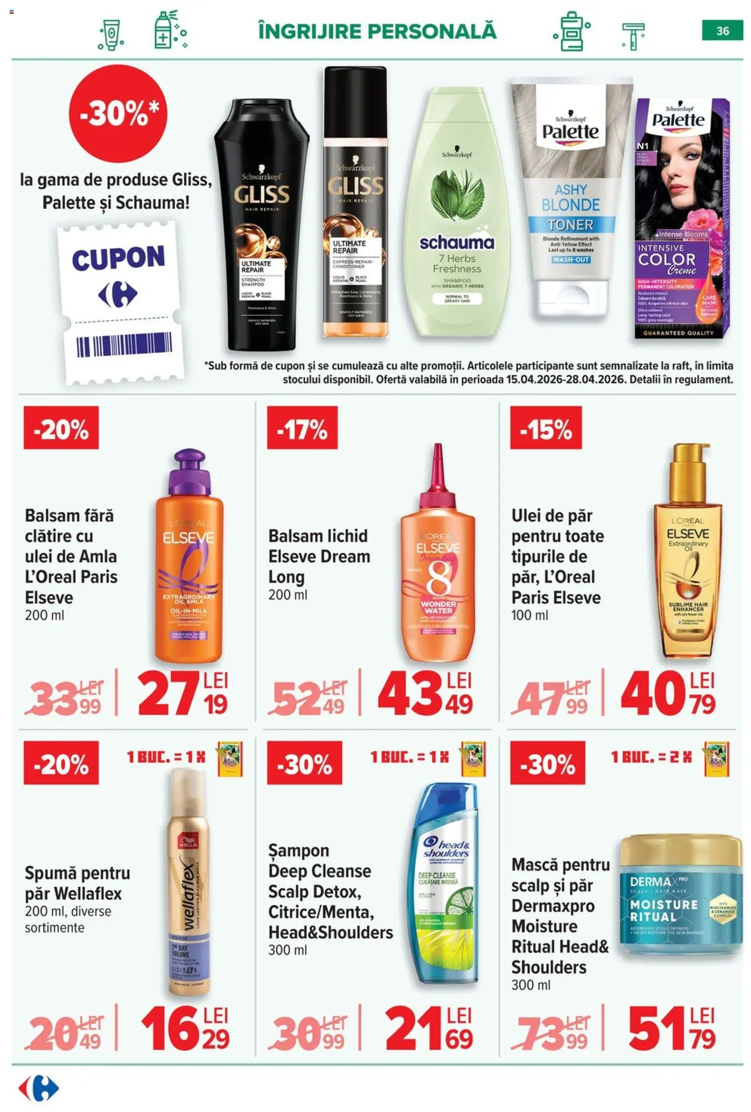 Noul catalog Carrefour – valabil de la 15.04.2026 | Pagină: 37 | Produse: Toner, Balsam, Ulei de păr, Ulei