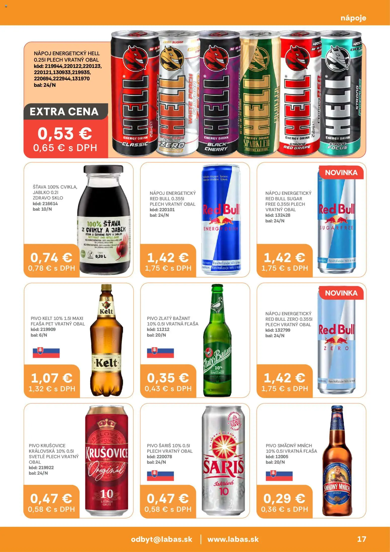 Nové Labaš akcie – leták je platný od 30.01.2026 | Strana: 17 | Produkty: Pivo, Red Bull, Šariš, Smädný Mních