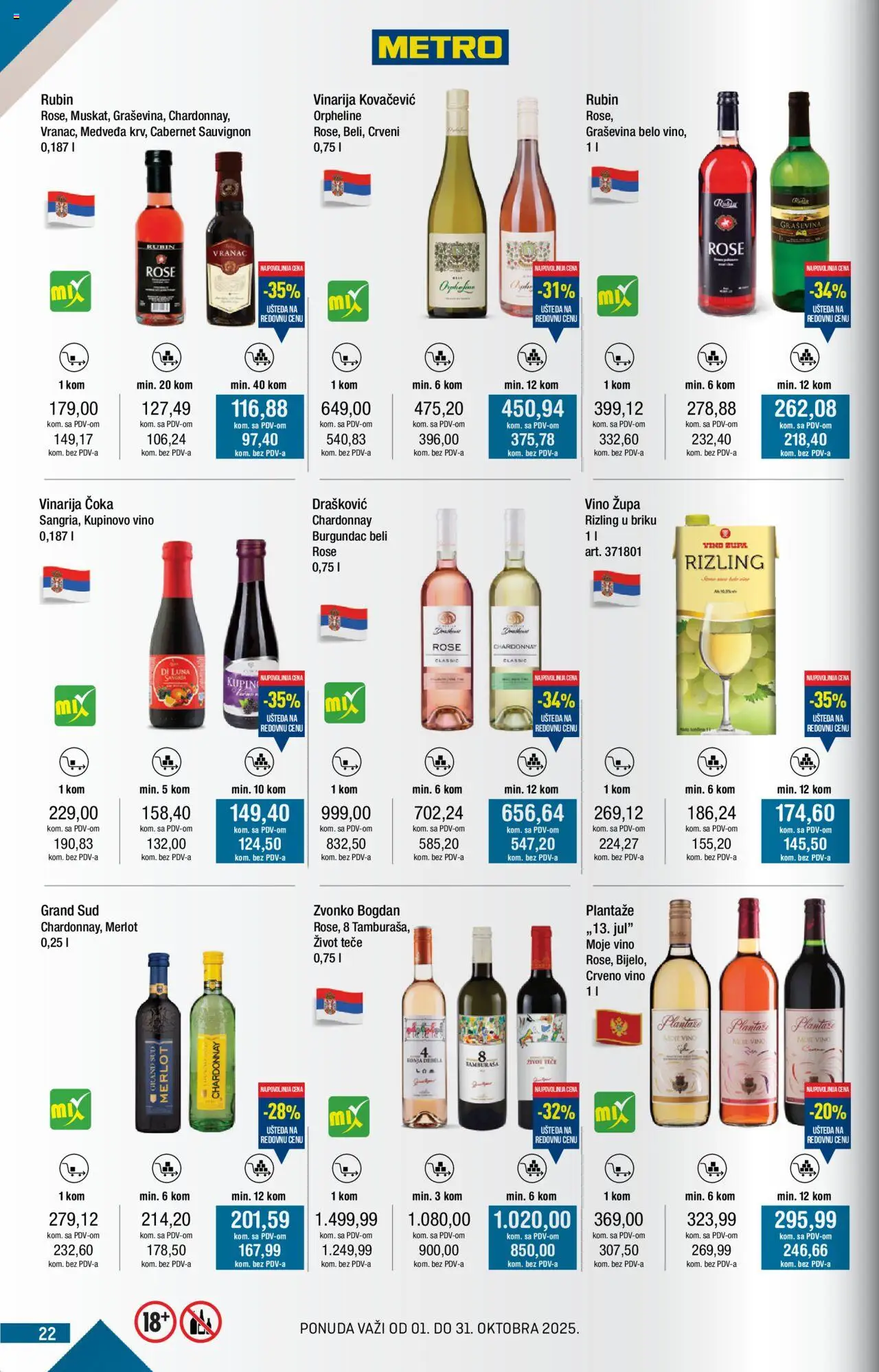 Metro katalog - važi od 01.10.2025 | Strana: 22 | Proizvode: Chardonnay, Vranac, Cabernet Sauvignon, Graševina