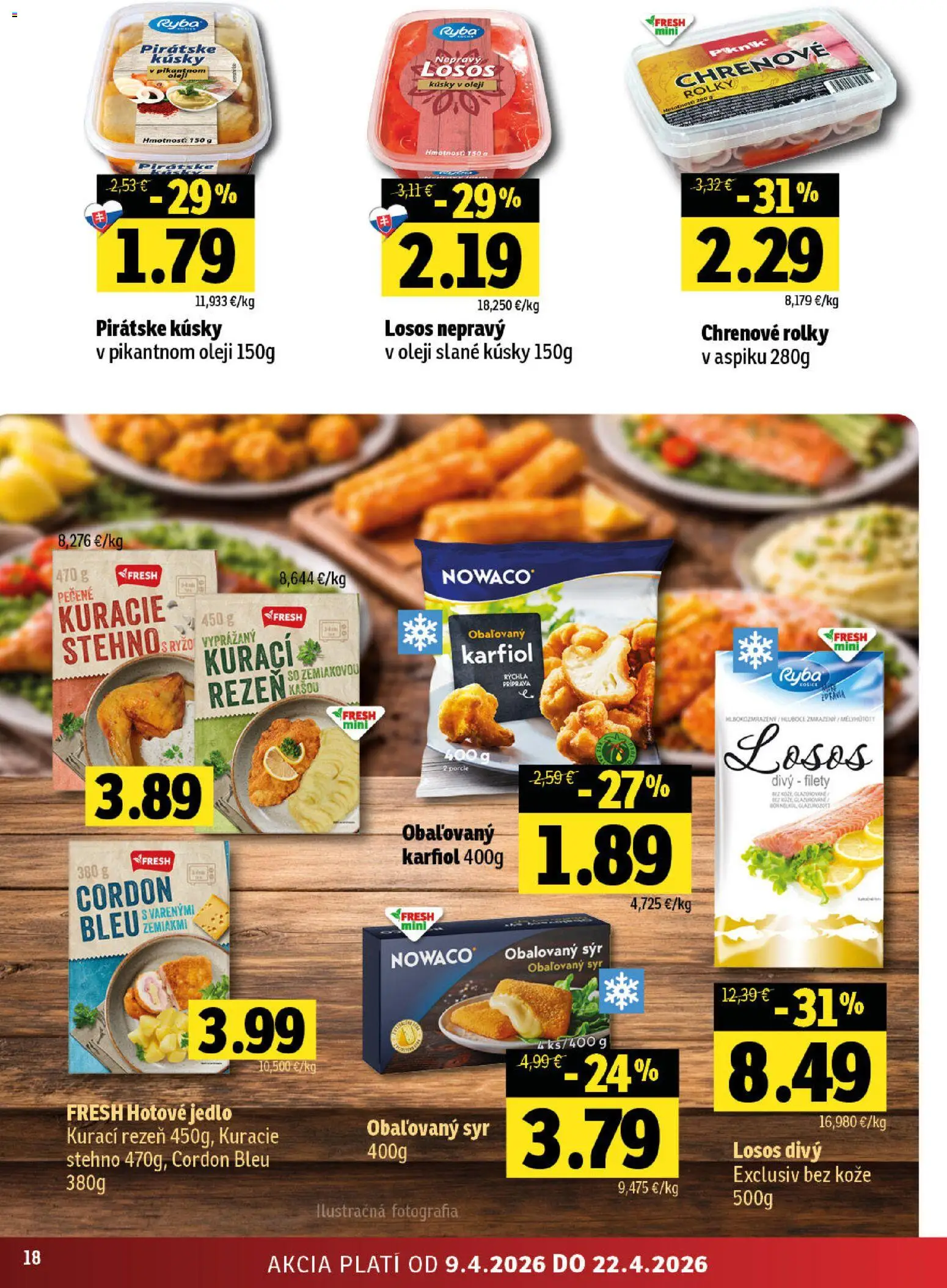 Nové Fresh akcie – leták je platný od 09.04.2026 | Strana: 18 | Produkty: Syr, Karfiol, Ryba, Losos