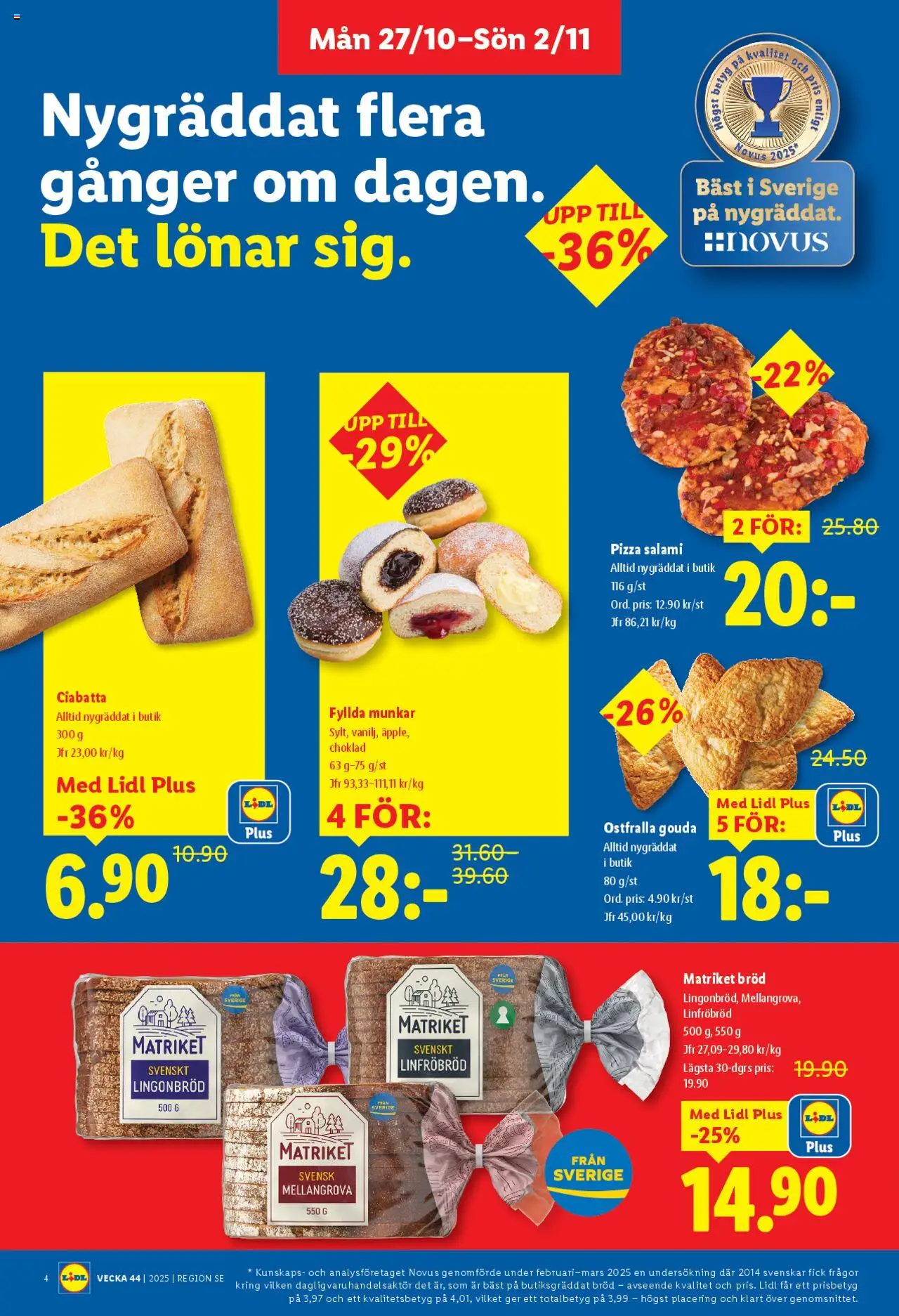 Lidl reklamblad aktuell från 27.10.2025 | Sida: 4 | Produkter: Bröd, Choklad, Salami, Pizza