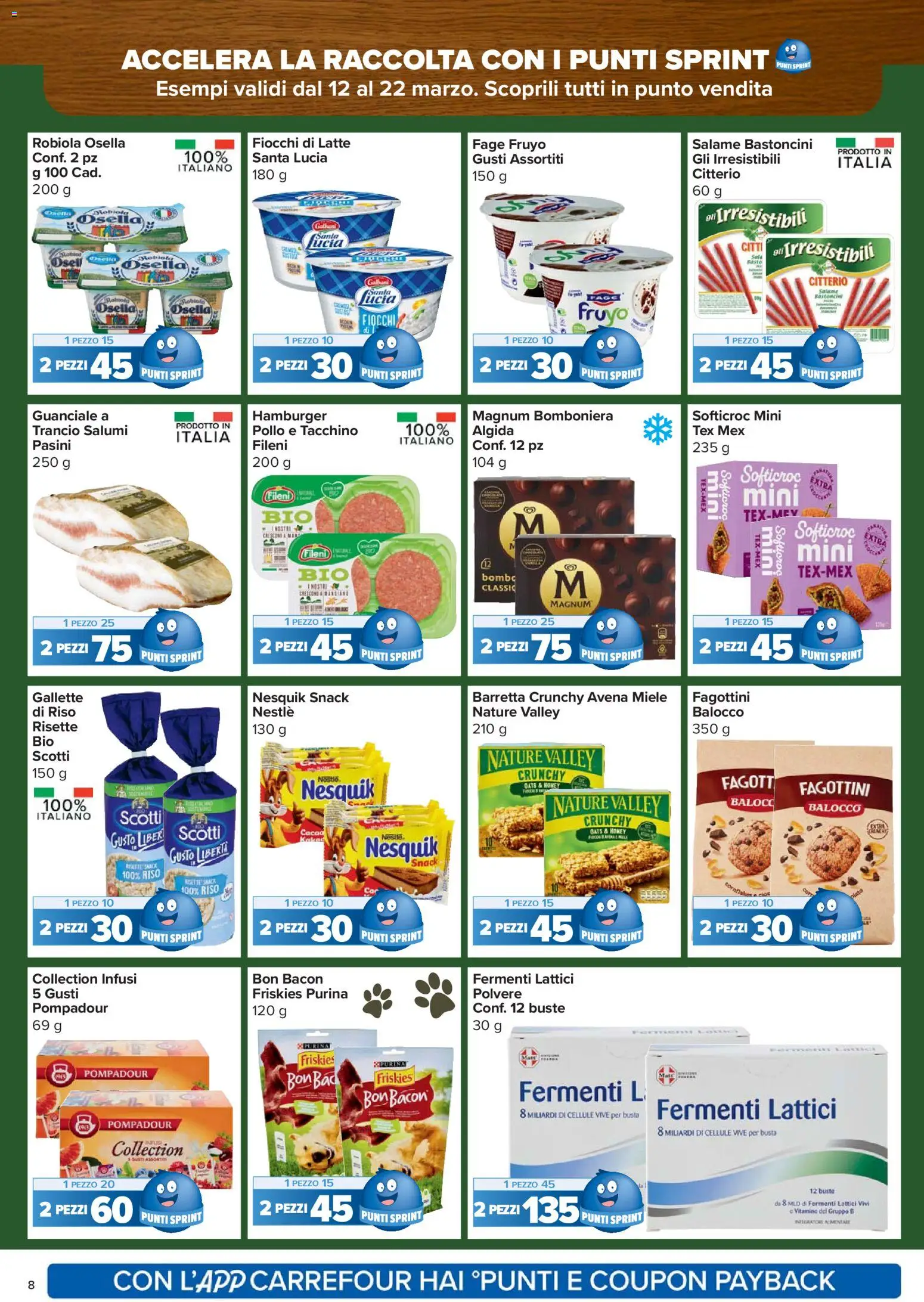 Volantino Carrefour del 12.03.2026 | Pagina: 8 | Prodotti: Fiocchi, Gallette, Hamburger, Guanciale