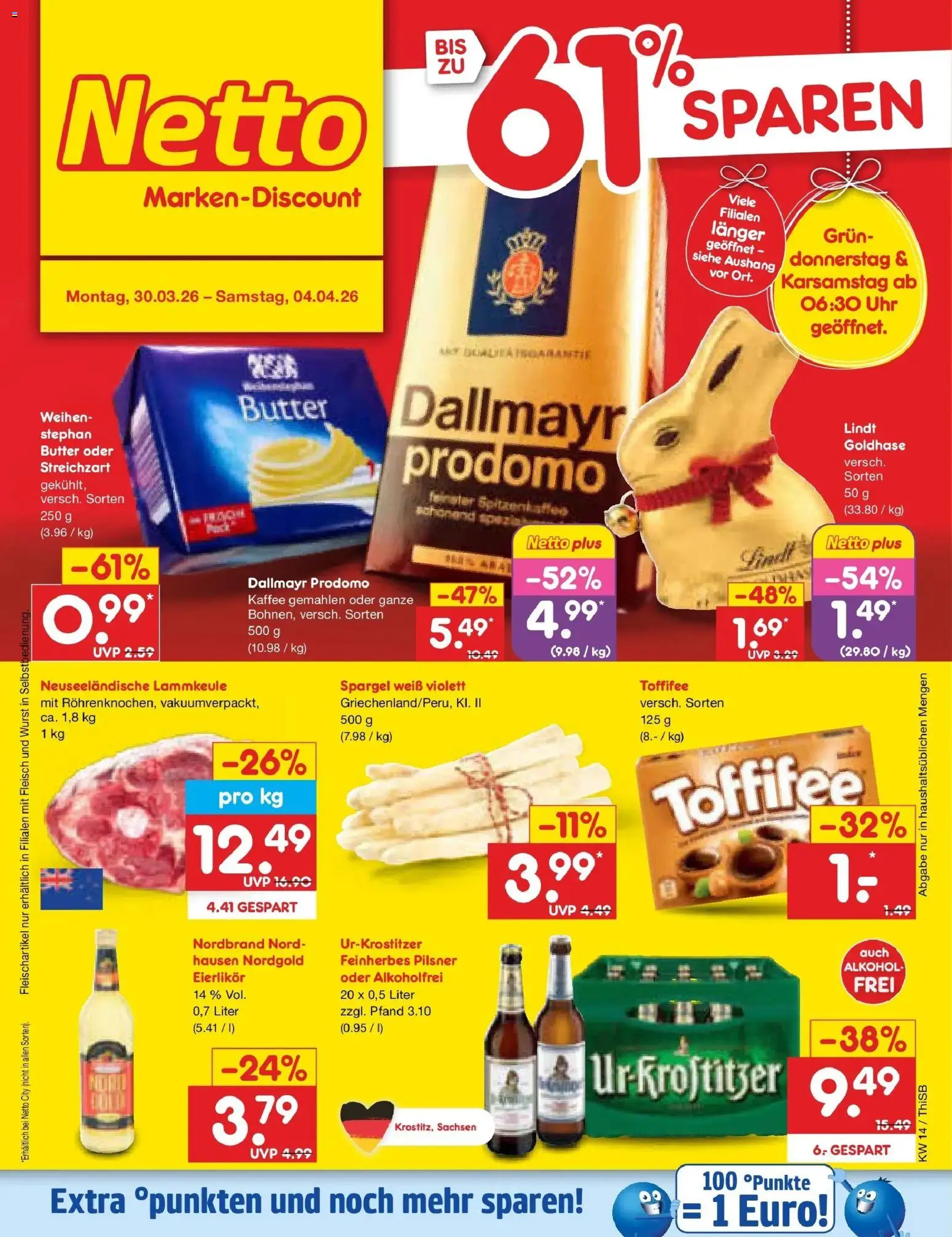 Netto Marken-Discount Prospekt Pirna	 – gültig ab 30.03.2026 | Seite: 1 | Produkte: Lammkeule, Wurst, Fleisch, Uhr