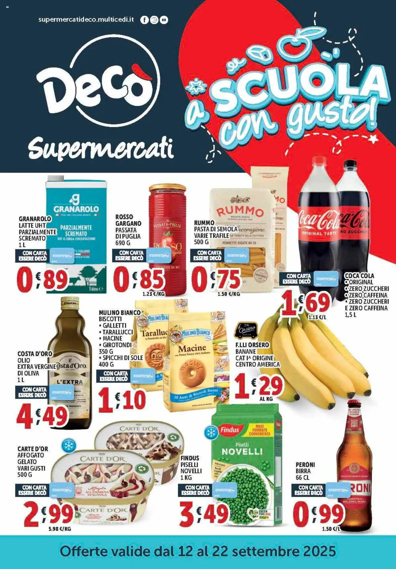 Volantino Decò del 12.09.2025 | Pagina: 1 | Prodotti: Banane, Biscotti, Pasta, Piselli