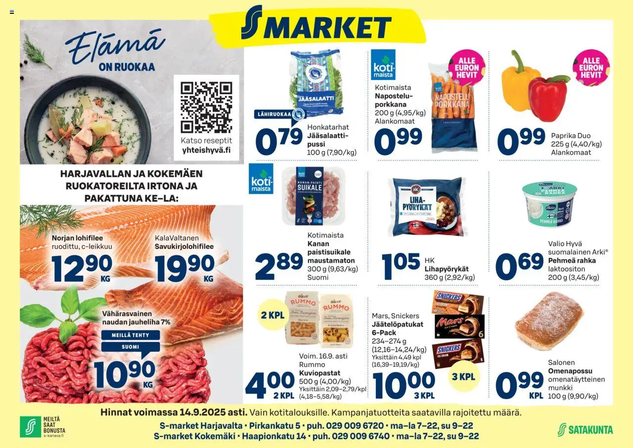 S-market Harjavalta – voimassa 10.09.2025 alkaen | Sivu: 1 | Tuotteet: Jauheliha, Paprika, Pasta, Porkkana