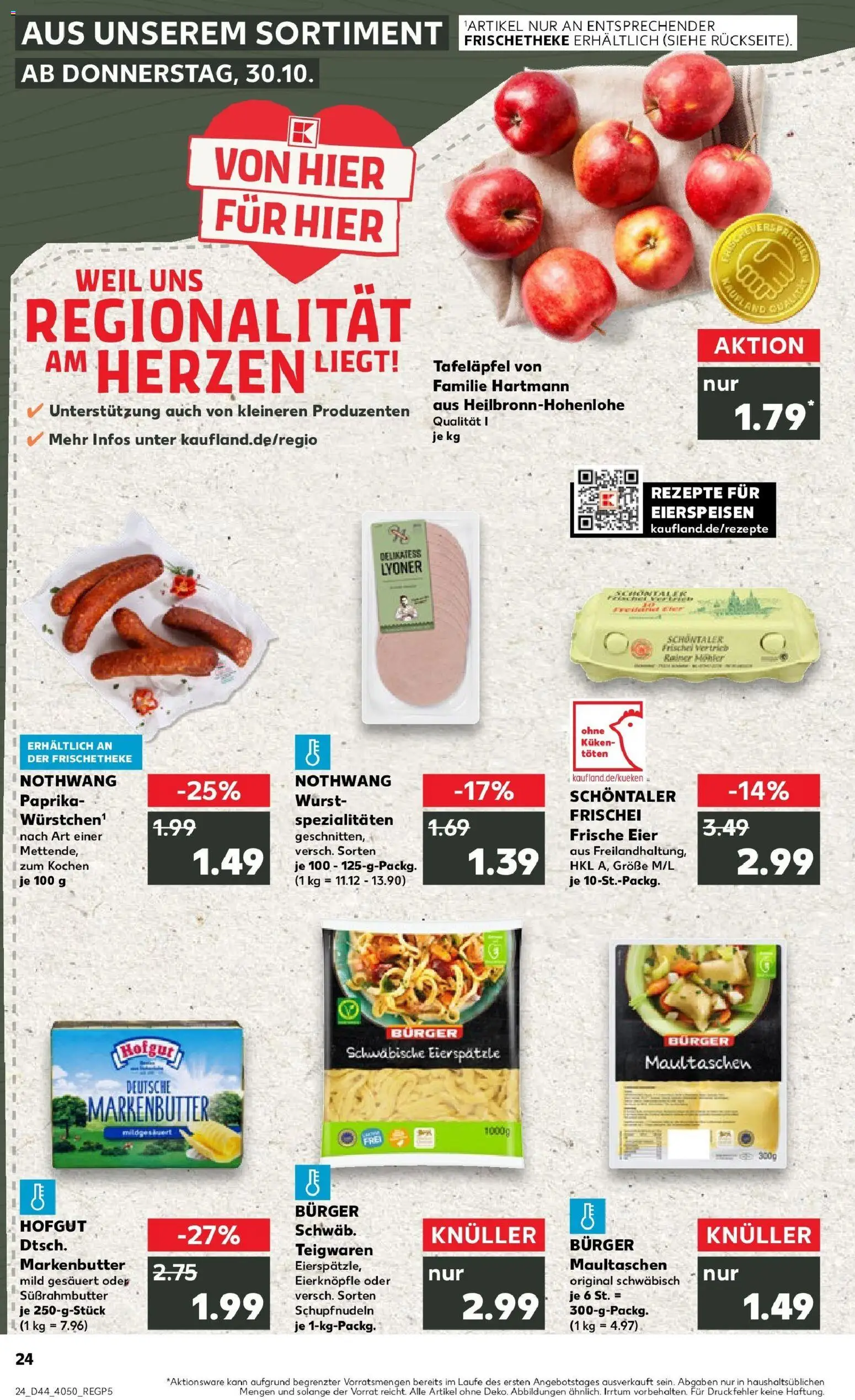 Kaufland prospekt Öhringen	 – gültig ab 30.10.2025 | Seite: 24 | Produkte: Butter, Eier, Burger, Pasta