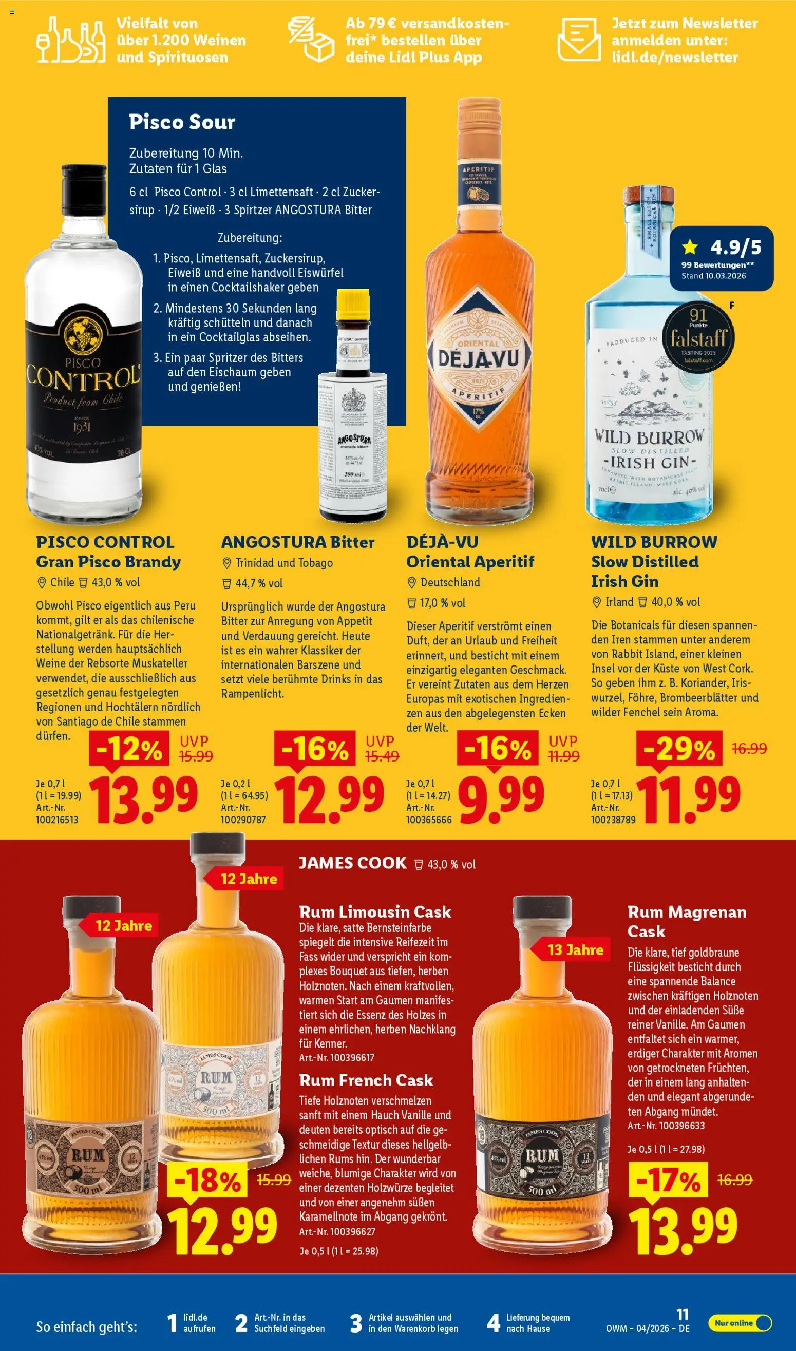 Lidl Německo leták - Wein & Spirituosen od 01.04.2026 | Strana: 11 | Produkty: Rum, Angostura Bitter, Gin, Brandy
