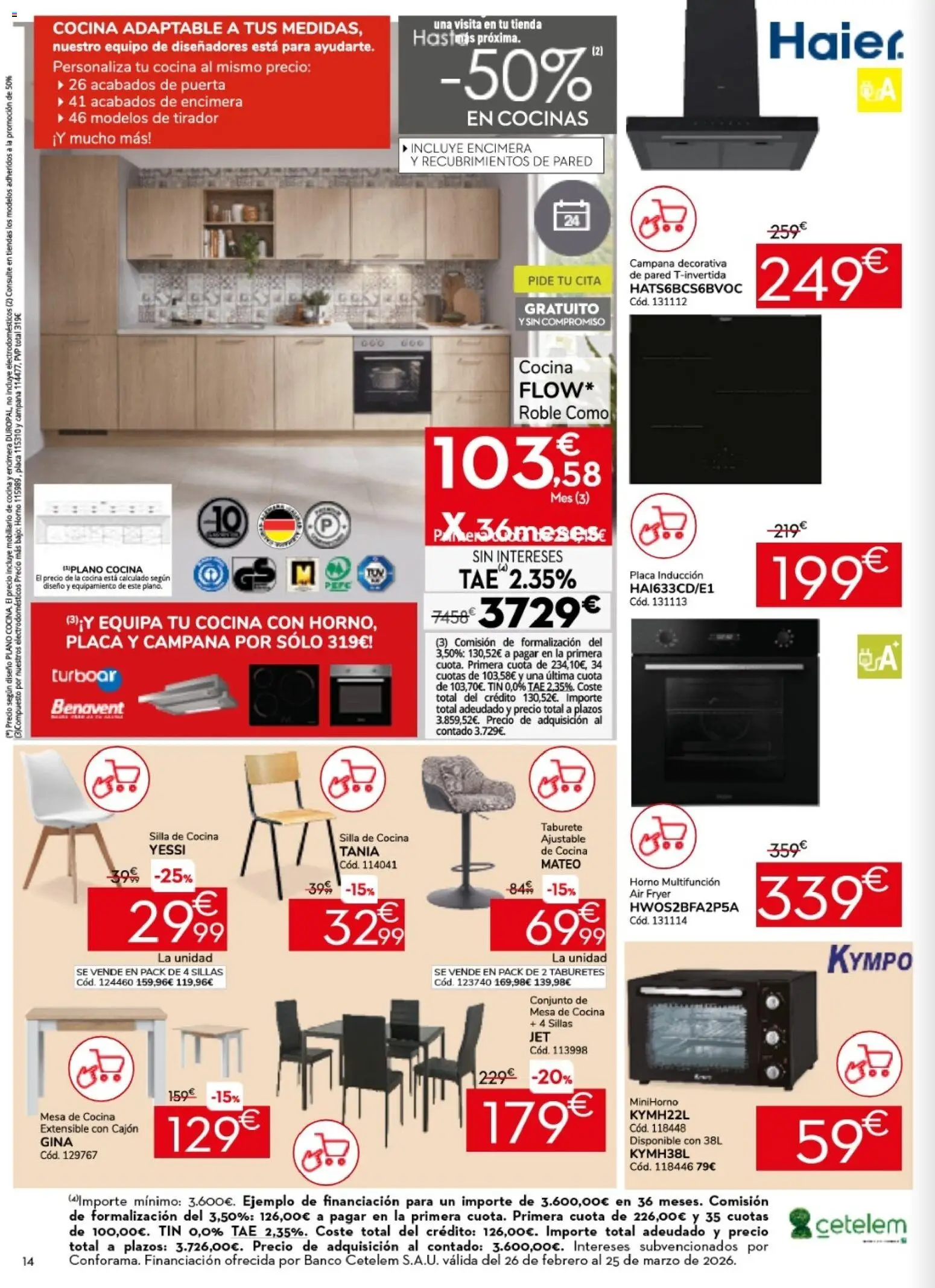 Conforama folleto │ válido desde el 26.02.2026 | Página: 14 | Productos: Taburete, Horno, Cocina, Mesa