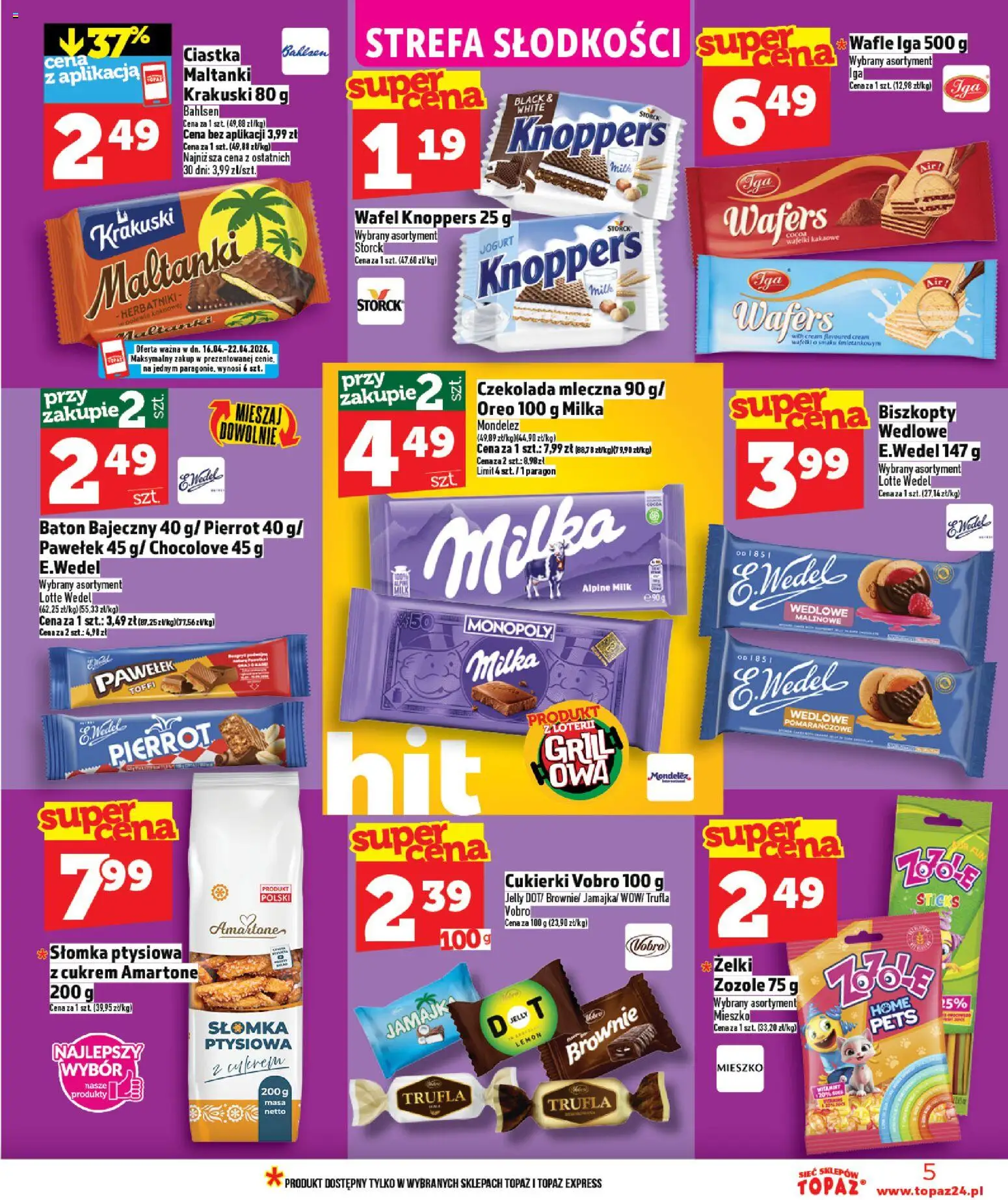 Topaz gazetka - Ceny małe na stałe od 16.04.2026 | Strona: 5 | Produkty: Czekolada mleczna, Słomka ptysiowa, Herbatniki, Czekolada