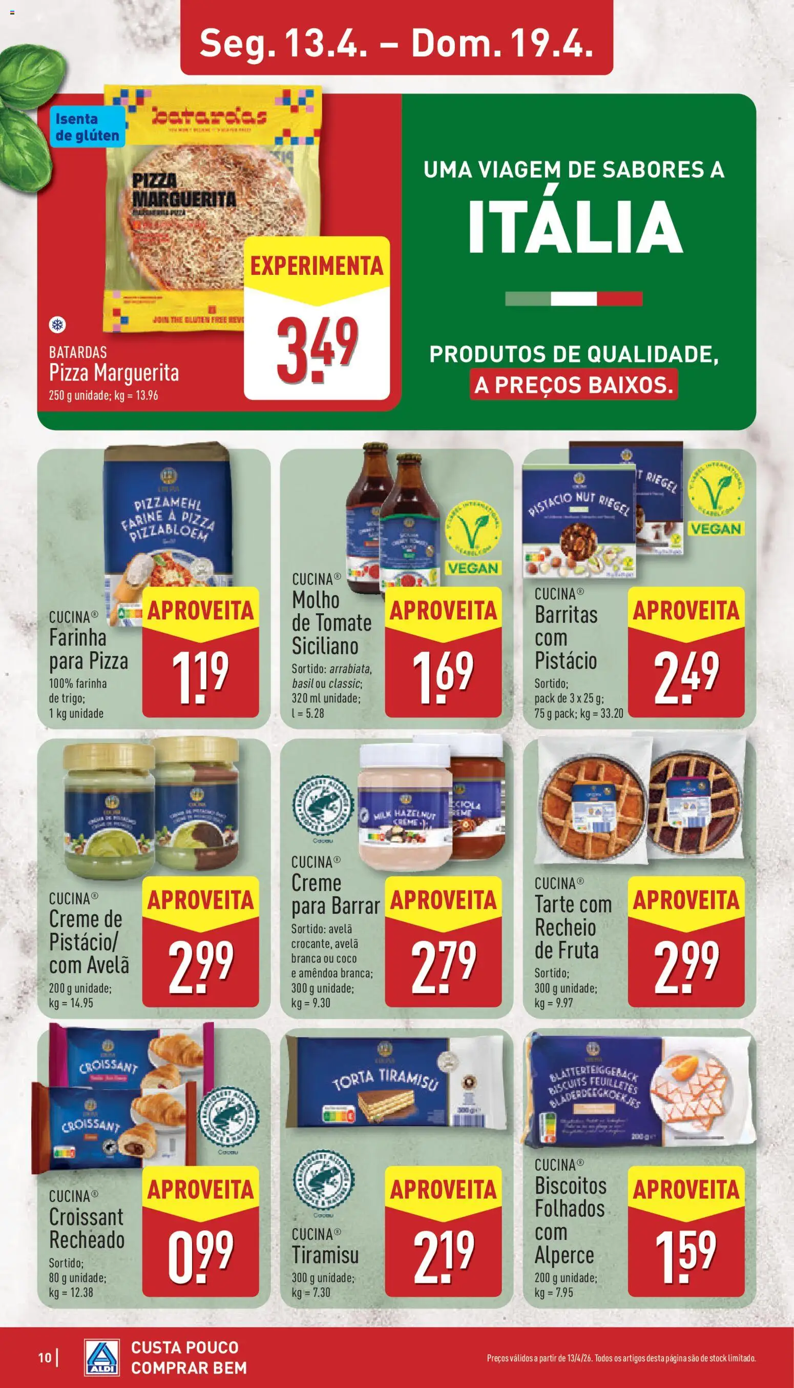 Aldi folheto │ válido de 13.04.2026 | Página: 10 | Produtos: Pizza, Tomate, Torta, Biscoitos