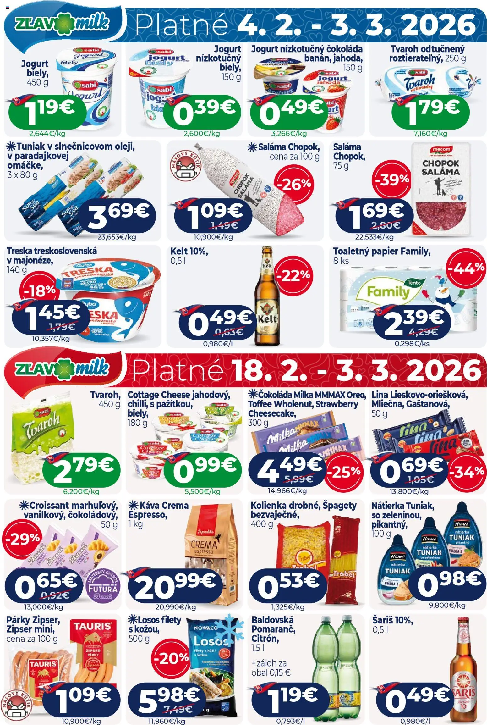 Nové Milk Agro akcie – leták je platný od 18.02.2026 | Strana: 16 | Produkty: Jogurt, Tuniak, Milka, Treska