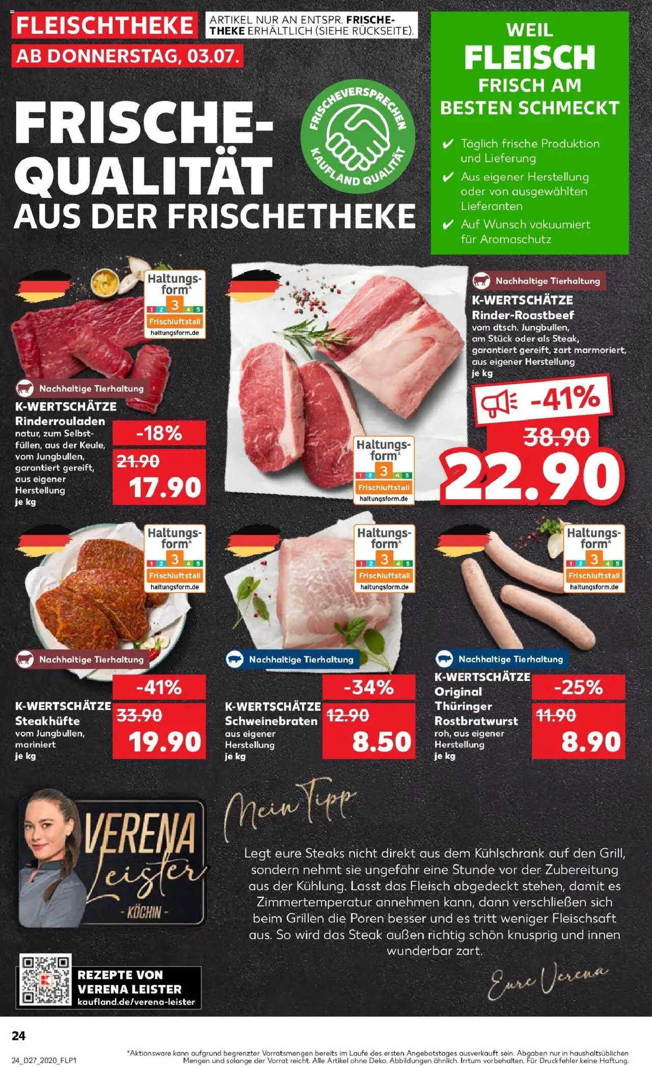 Kaufland prospekt Lörrach	 - gültig ab dem 03.07.2025 | Seite: 24 | Produkte: Rinderrouladen, Kühlschrank, Steak, Fleisch
