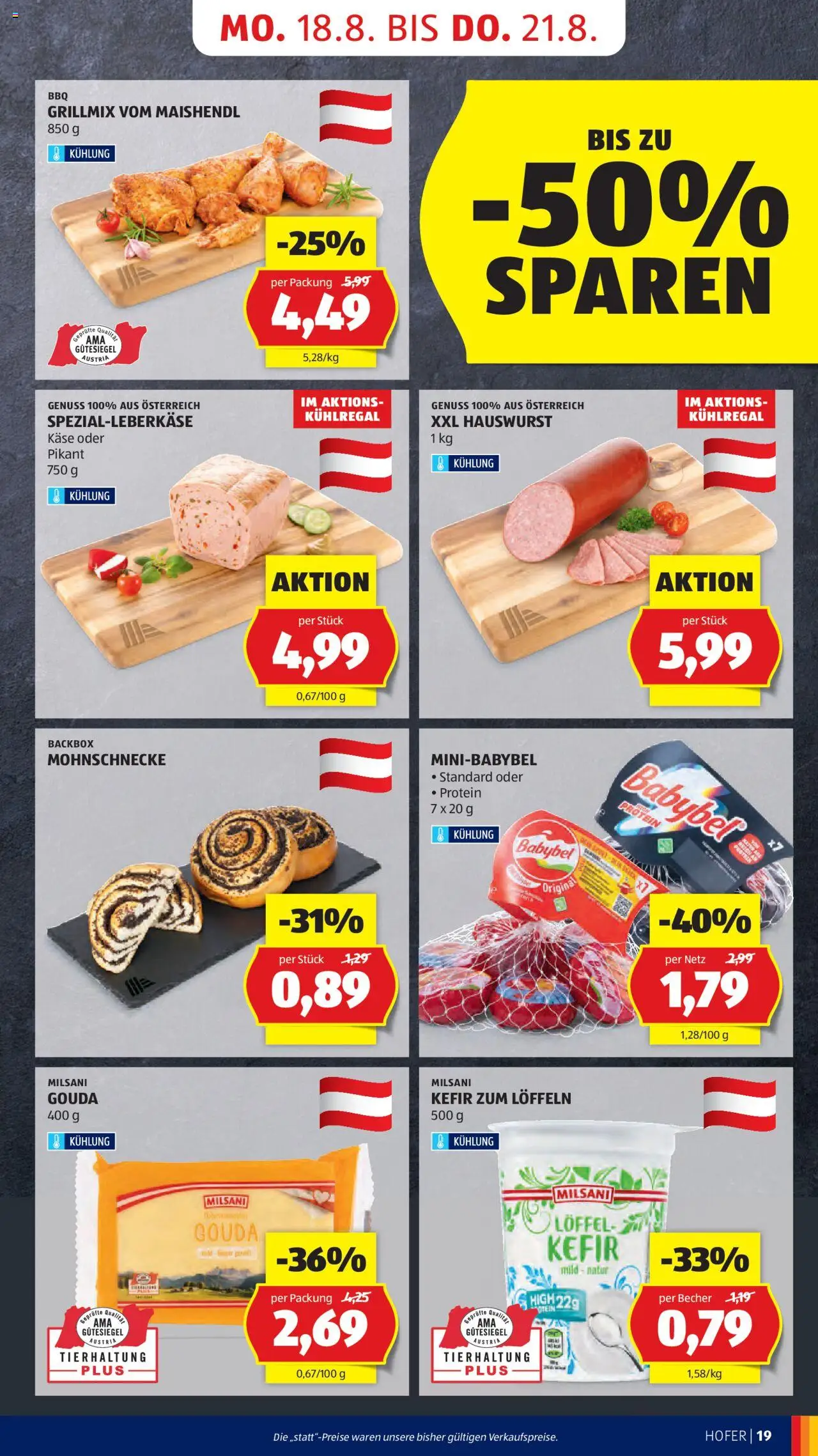 Hofer AT akciós ujság - amely érvényes a következő dátumtól: 14.08.2025 | Oldal: 21 | Termékek: Kefir, Gouda, Protein