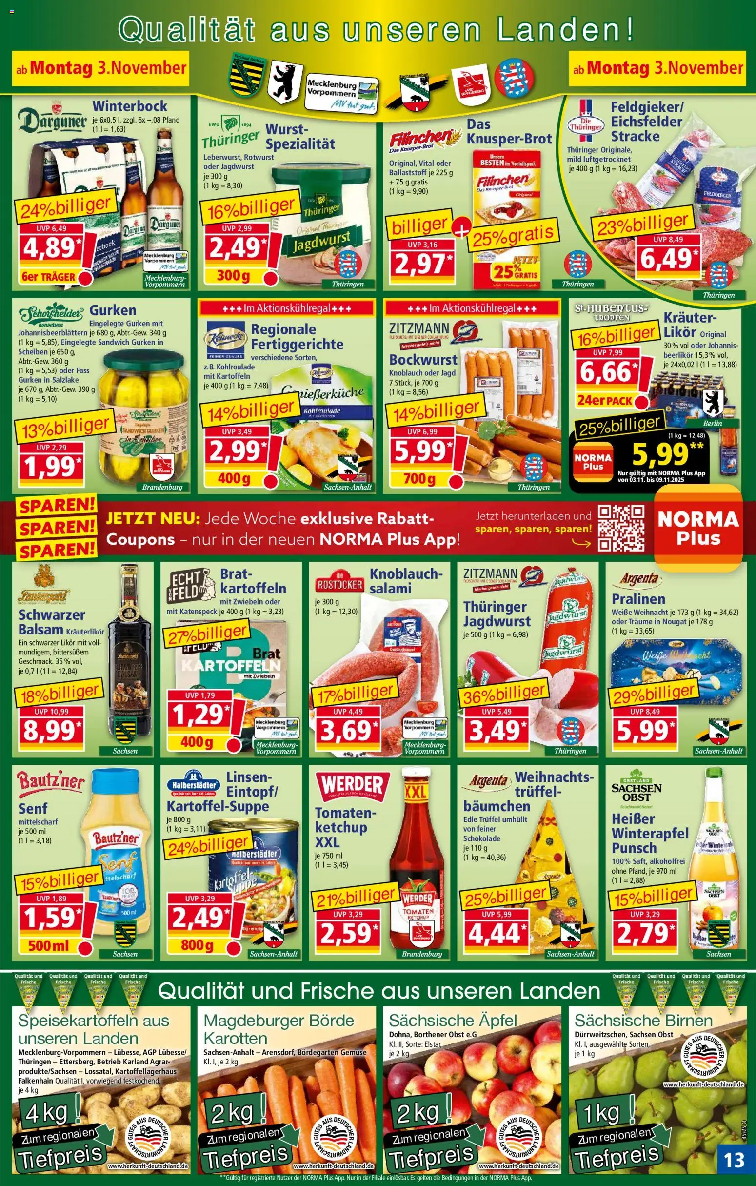 Norma Prospekt 	 – gültig ab 03.11.2025 | Seite: 13 | Produkte: Bockwurst, Äpfel, Tomaten, Knoblauch