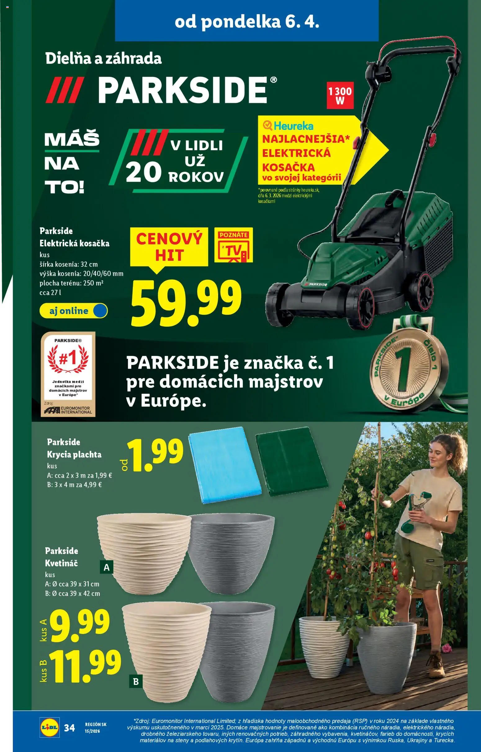 Nové Lidl akcie – leták je platný od 06.04.2026 | Strana: 38 | Produkty: Plachta, Elektrická kosačka, Kosačka, Parkside
