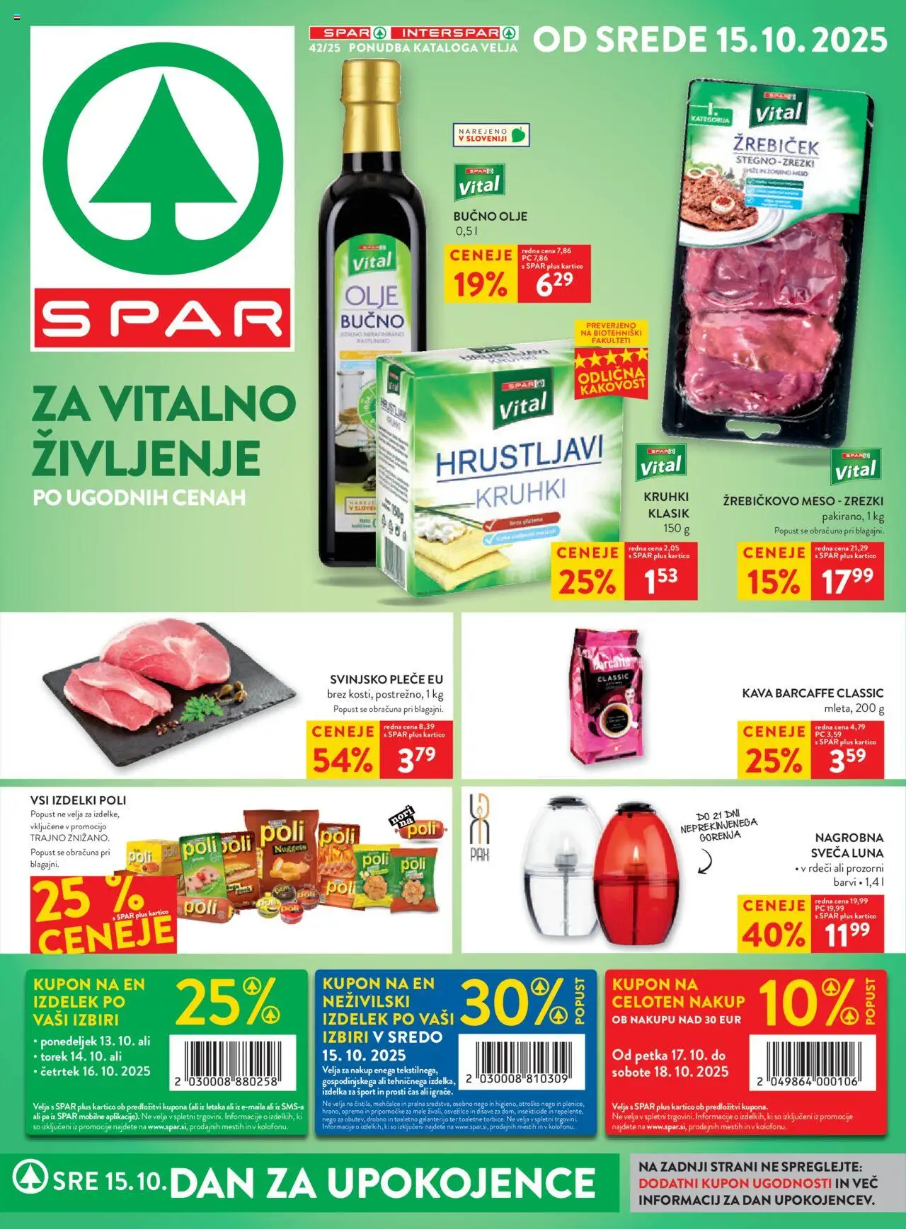 Novi Spar katalog ponudbe – veljaven od 15.10.2025 | Stran: 1 | Izdelki: Sveča, Zrezki, Olje, Kava