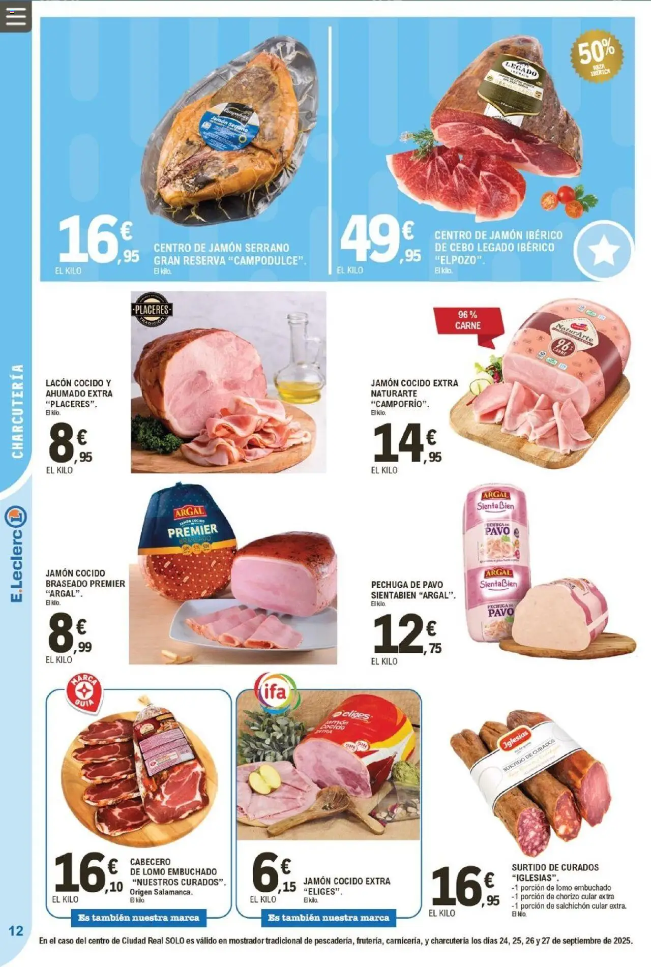 E.Leclerc folleto │ válido desde el 24.09.2025 | Página: 12 | Productos: Jamón serrano, Jamón ibérico, Jamón, Jamón cocido