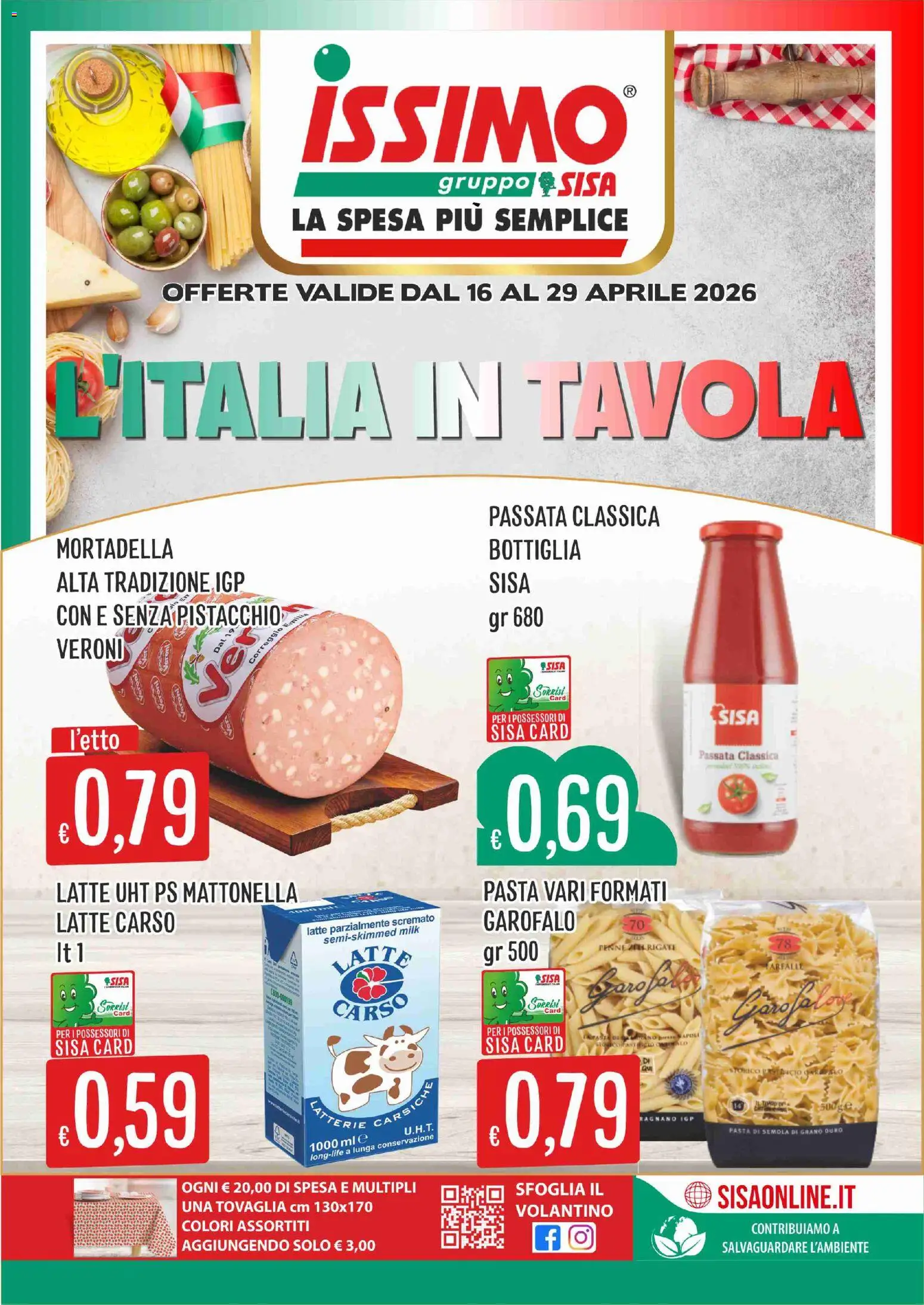 Volantino SISA del 16.04.2026 | Pagina: 1 | Prodotti: Pasta, Mortadella, Bottiglia, Tovaglia