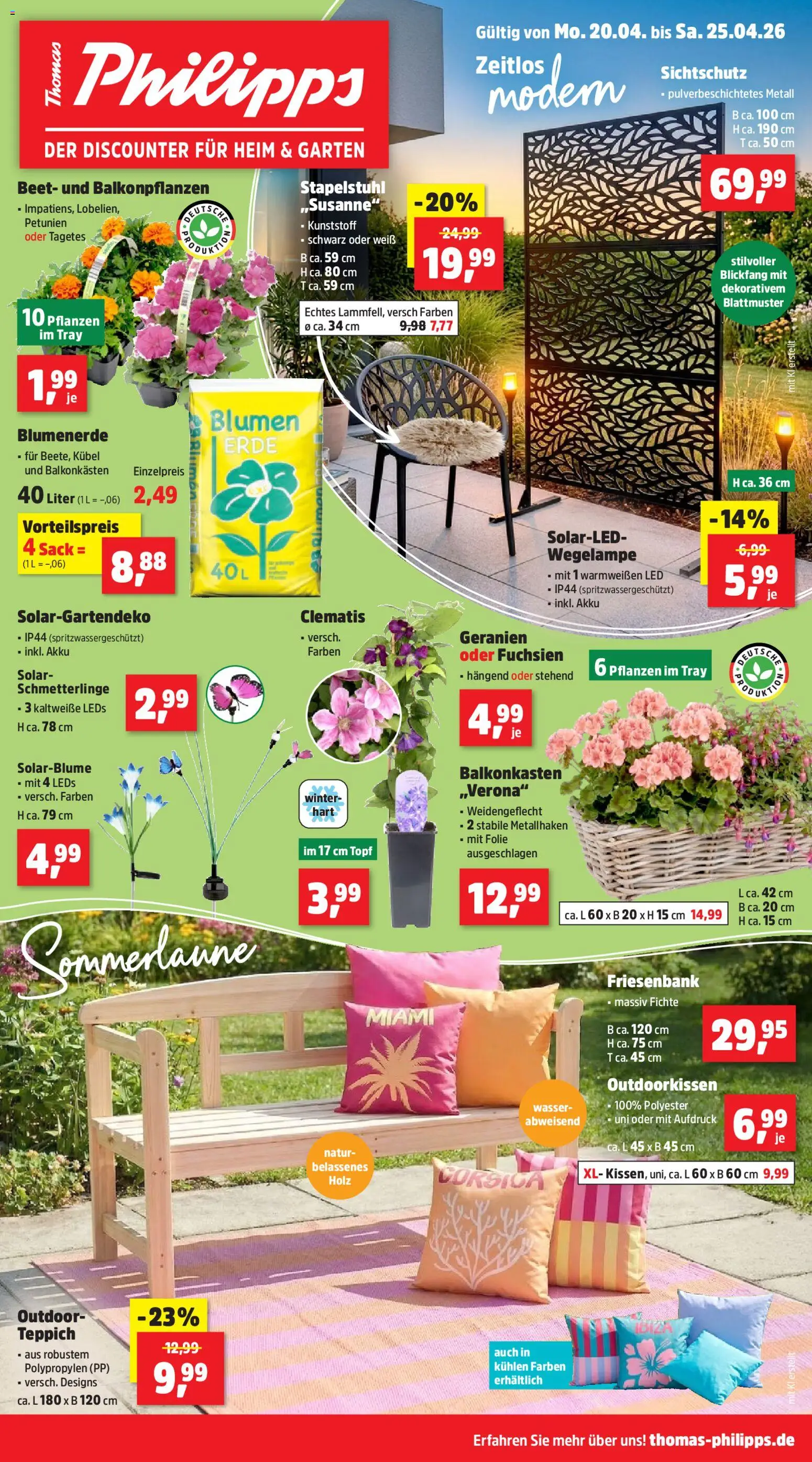 Thomas Philipps Prospekt – gültig ab 20.04.2026 | Seite: 1 | Produkte: Teppich, Geranien, Blumenerde, Wasser