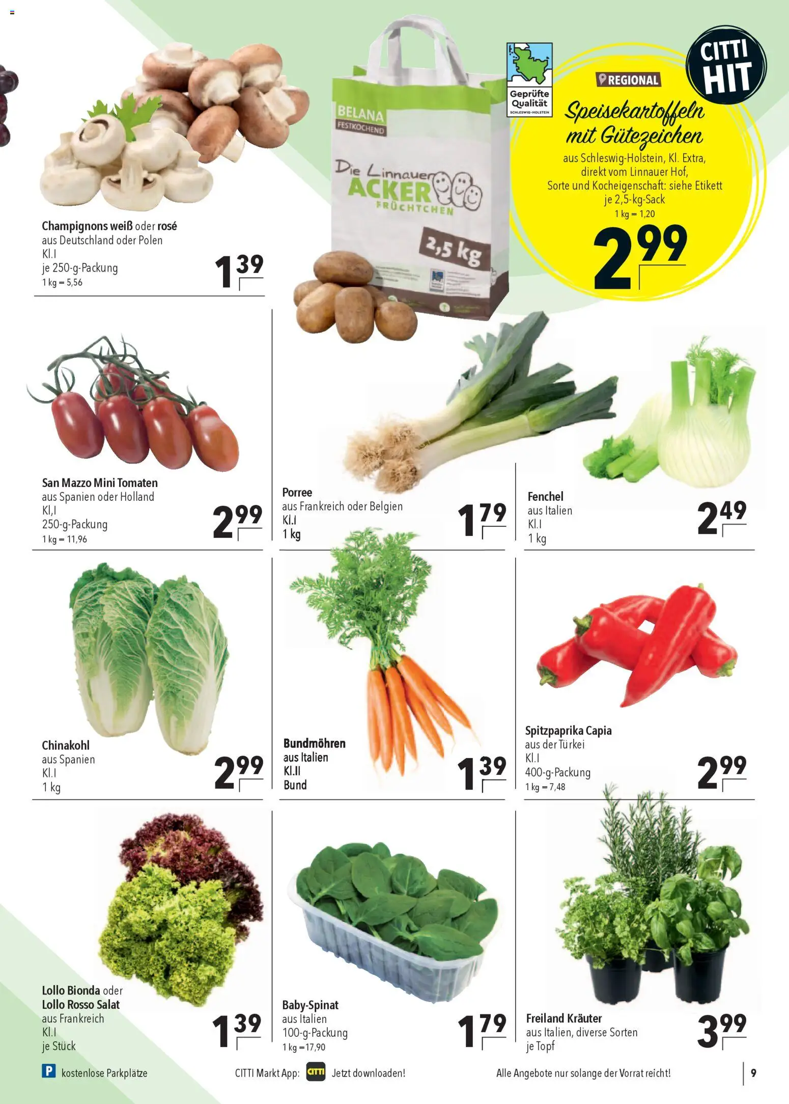 CITTI Markt Prospekt 	 – gültig ab 25.03.2026 | Seite: 9 | Produkte: Tomaten, Champignons, Chinakohl, Salat