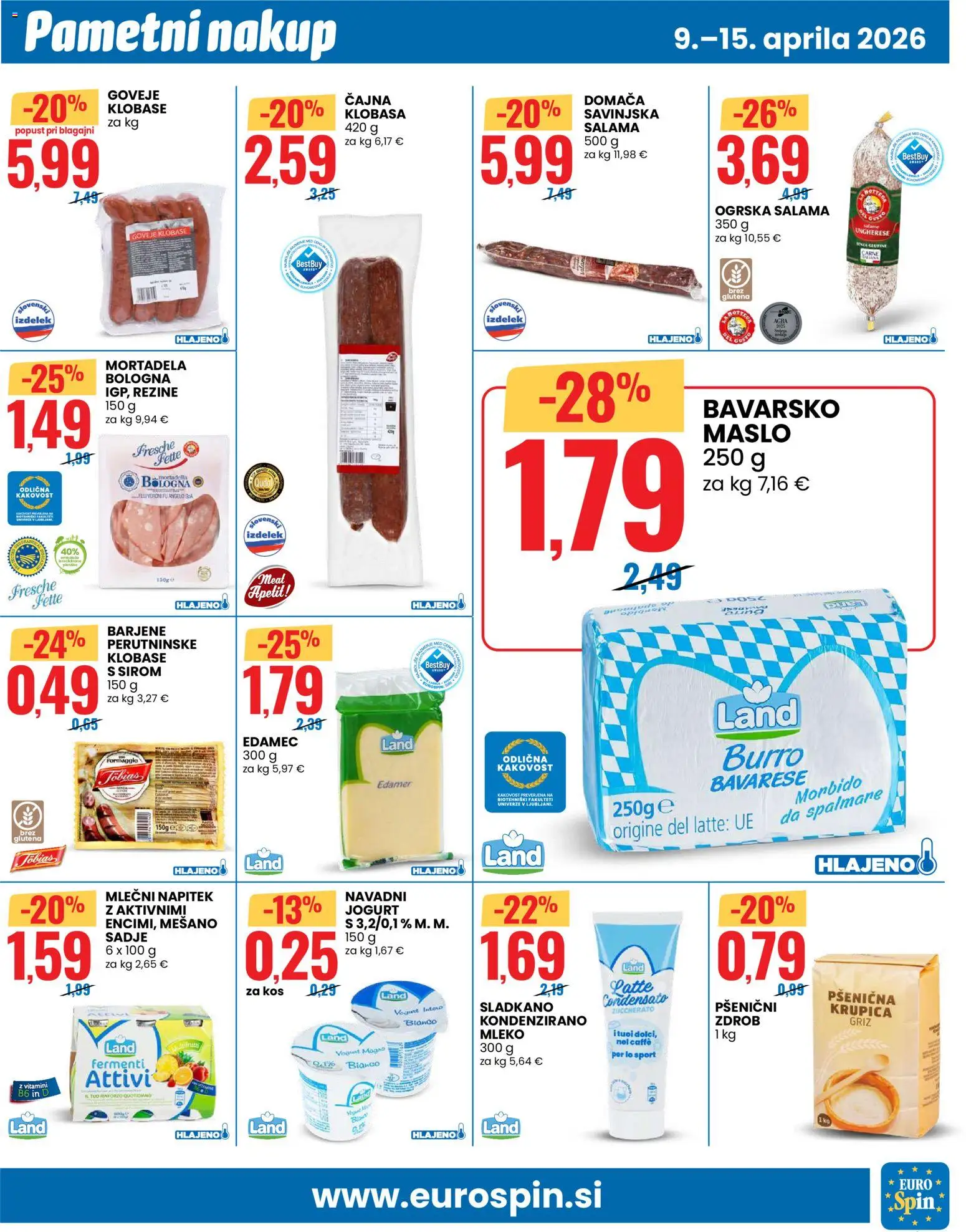 Novi Eurospin katalog ponudbe – veljaven od 09.04.2026 | Stran: 7 | Izdelki: Edamec, Mortadela, Kos, Maslo