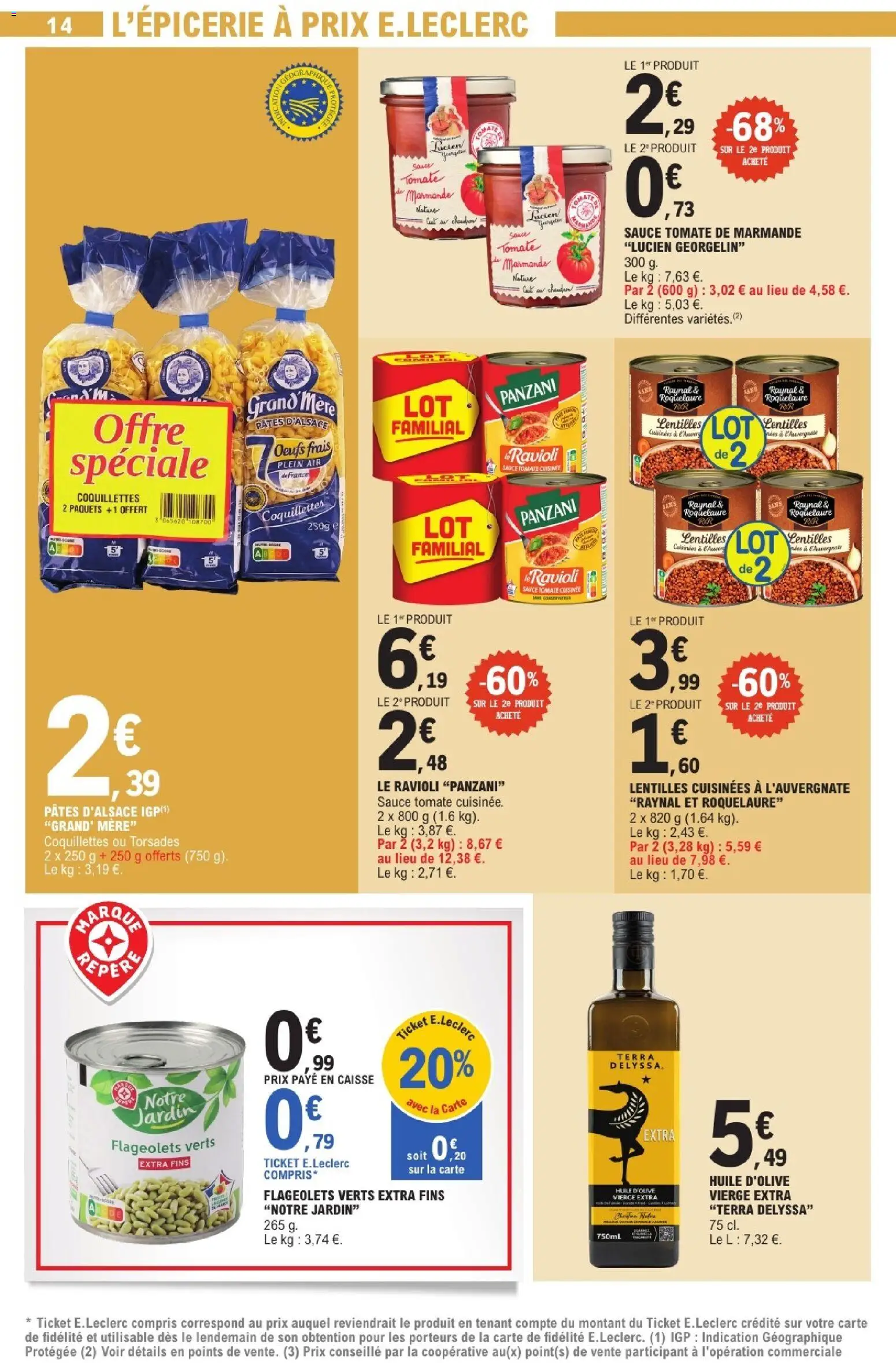 {H1} | Page: 14 | Produits: Huile d'olive vierge, Œufs, Coquillettes, Pâtes