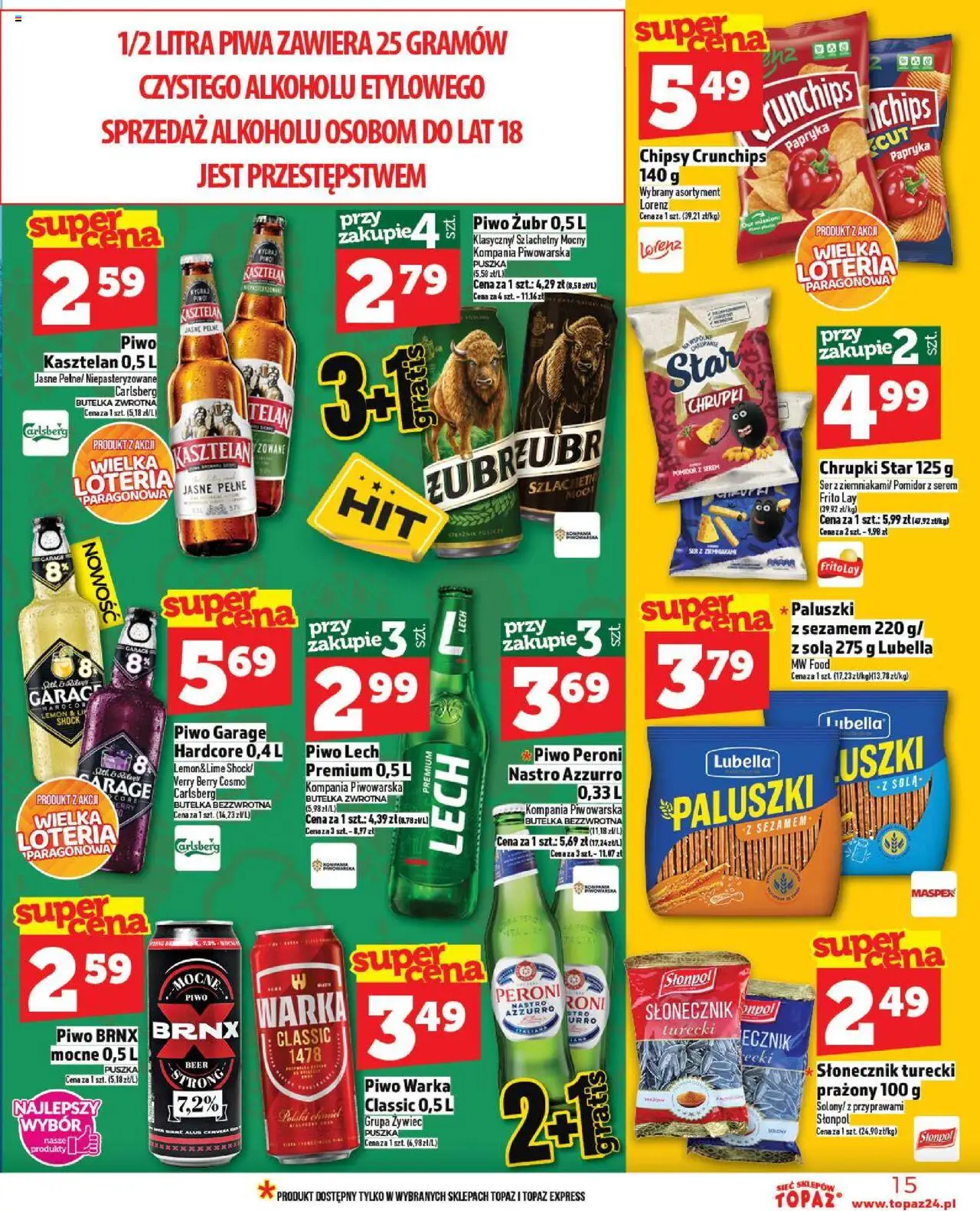 Topaz Gazetka - Ceny małe na stałe od 11.09.2025 | Strona: 15 | Produkty: Piwo żubr, Chipsy, Paluszki, Piwo