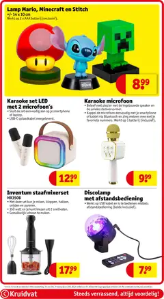 Karaoke microfoon, Beleef veel plezier met de ingebouwde speaker en de unieke stemvervormer. Koppel de microfoon eenvoudig met je smartphone of tablet via Bluetooth en zing meteen mee met je favoriete nummers. Werkt op 1 batterij (inclusief). - Voorbeeld van een folder van Kruidvat, geldig van 18.11.2025 | Pagina: 109