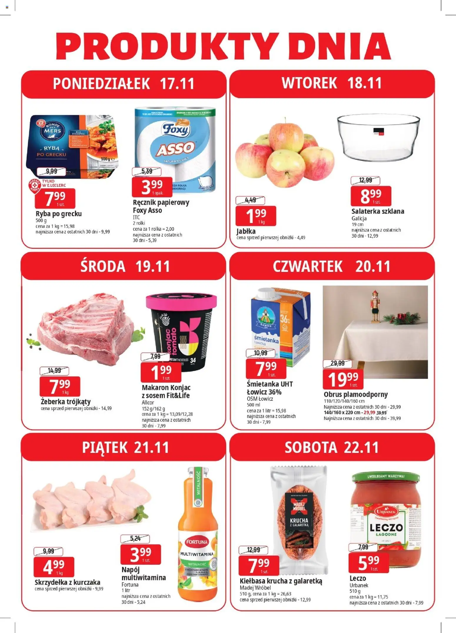 E.Leclerc Gazetka - Elbląg od 17.11.2025 | Strona: 4 | Produkty: Kiełbasa, Jabłka, Makaron, Ryba
