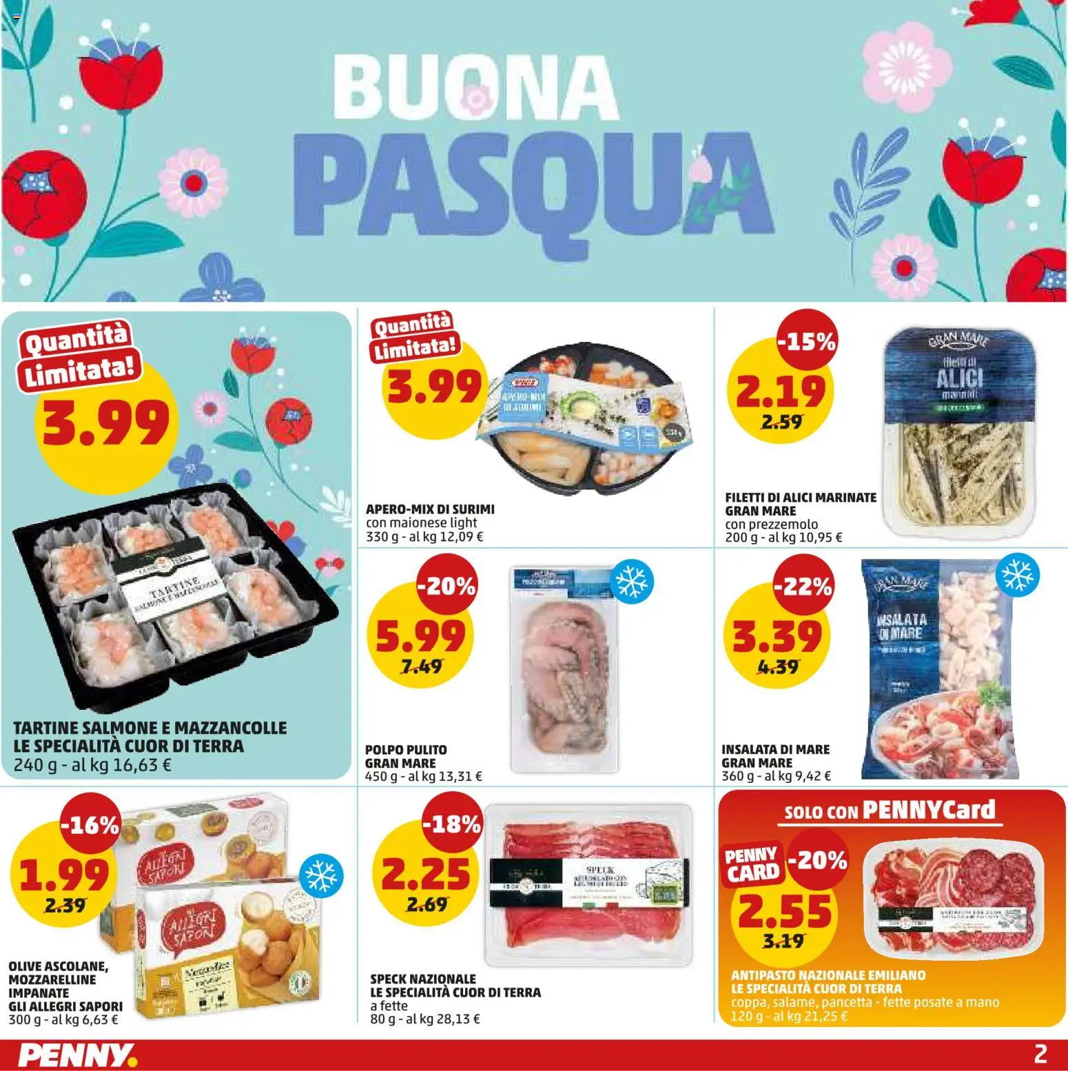 Volantino PENNY del 26.03.2026 | Pagina: 2 | Prodotti: Speck, Salmone, Mazzancolle, Alici