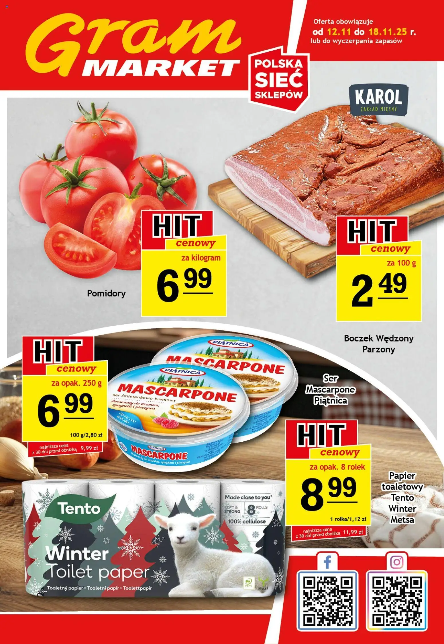 Gram Market Gazetka od 12.11.2025 | Strona: 1 | Produkty: Papier toaletowy, Boczek wędzony parzony, Mascarpone, Ser