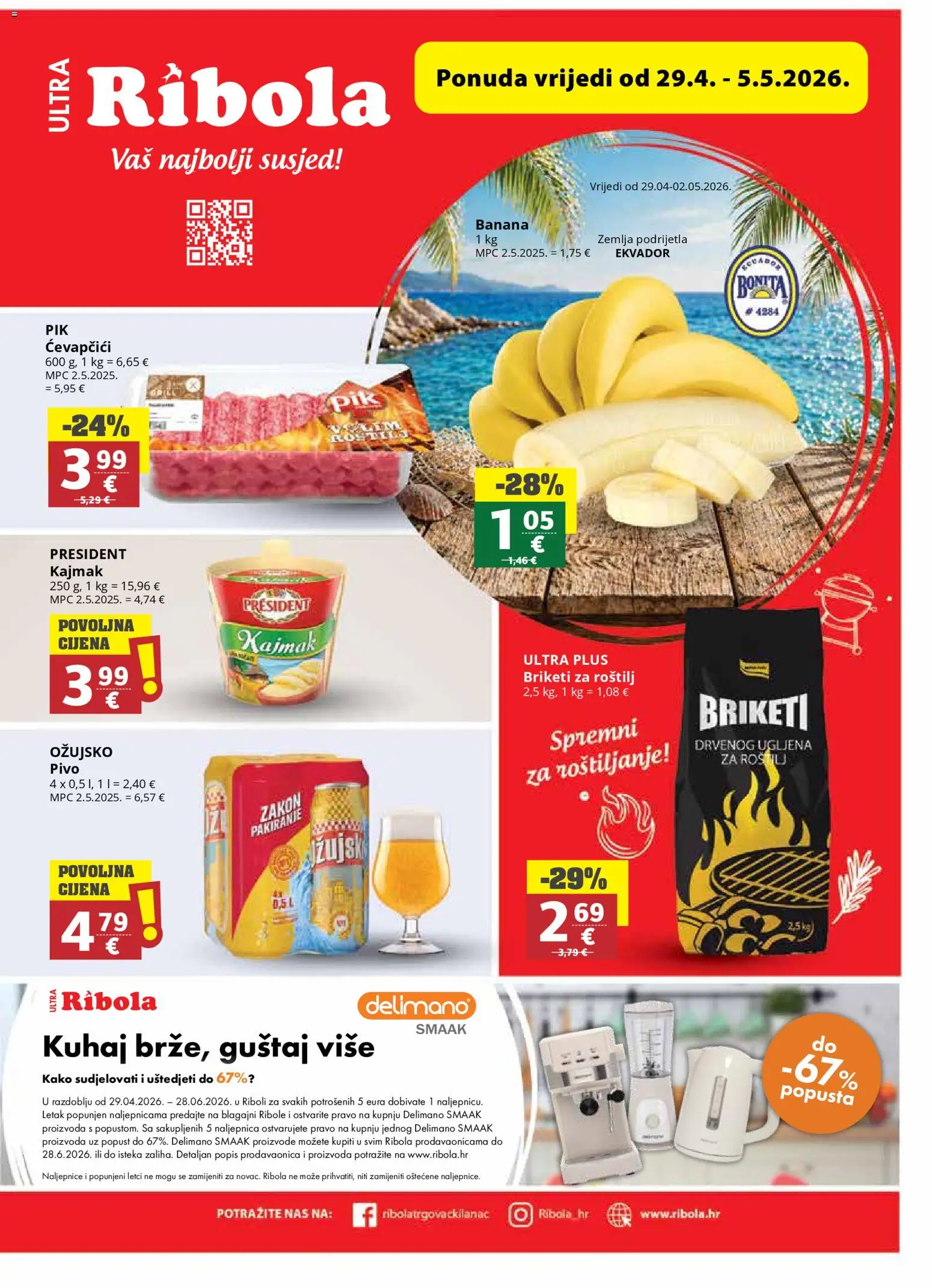 Ribola katalog | vrijedi od 29.04.2026 | Stranica: 1 | Proizvodi: Roštilj, Kajmak, Ćevapčići, Briketi