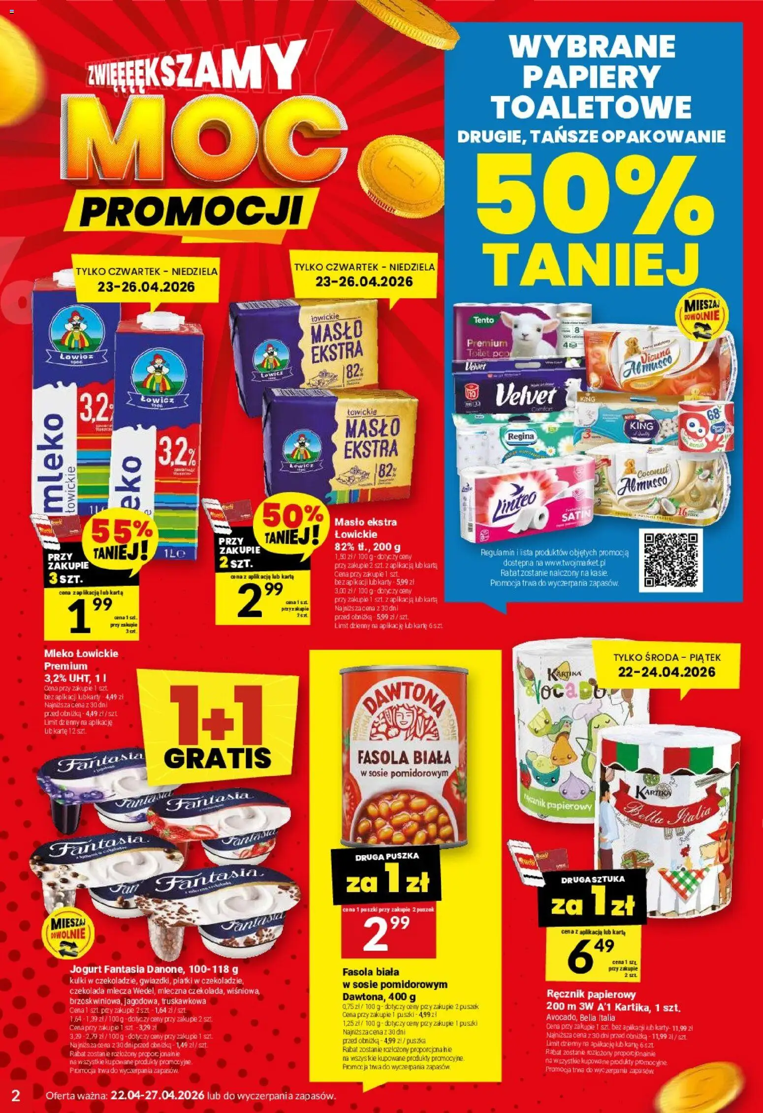 Twój Market gazetka od 22.04.2026 | Strona: 2 | Produkty: Fasola biała, Czekolada, Płatki, Ręcznik papierowy