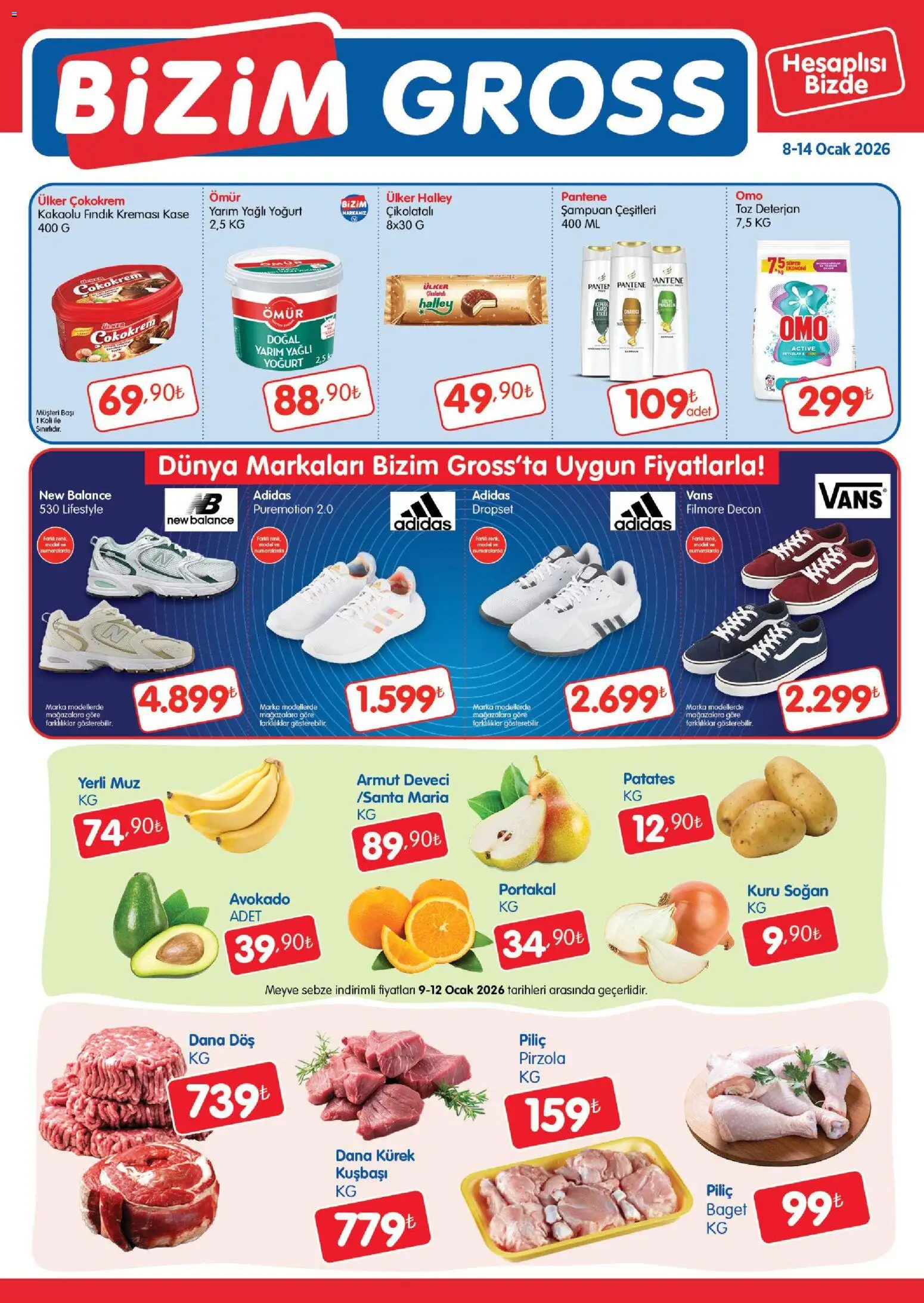 Bizim Toptan - Bizim Gross Fırsat Bülteni - 08.01.2026 tarihinden itibaren geçerlidir | Sayfa: 1 | Ürünler: Soğan, Meyve, Piliç, Pirzola