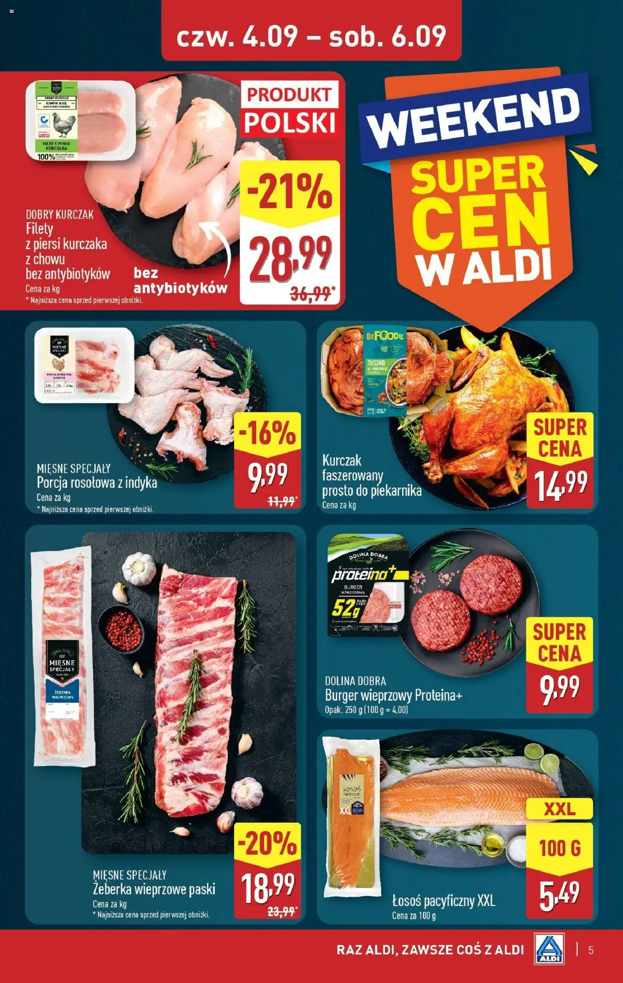 Aldi Gazetka - Okazje na weekend od 04.09.2025 | Strona: 5 | Produkty: Kurczak, Piersi, Łosoś, Porcja rosołowa z indyka