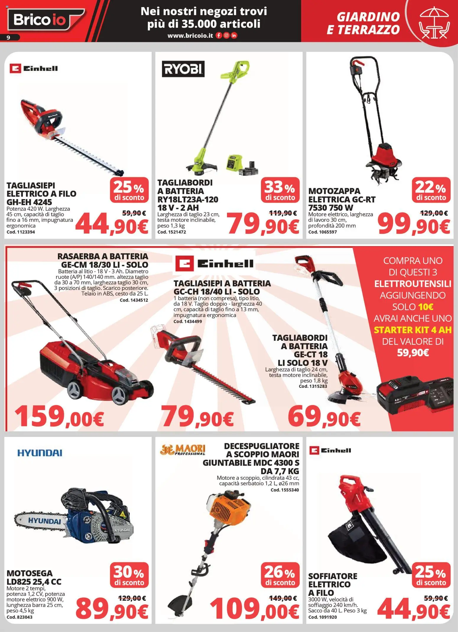 Volantino Brico io del 02.04.2026 | Pagina: 9 | Prodotti: Tagliasiepi, Decespugliatore, Motosega, Batteria