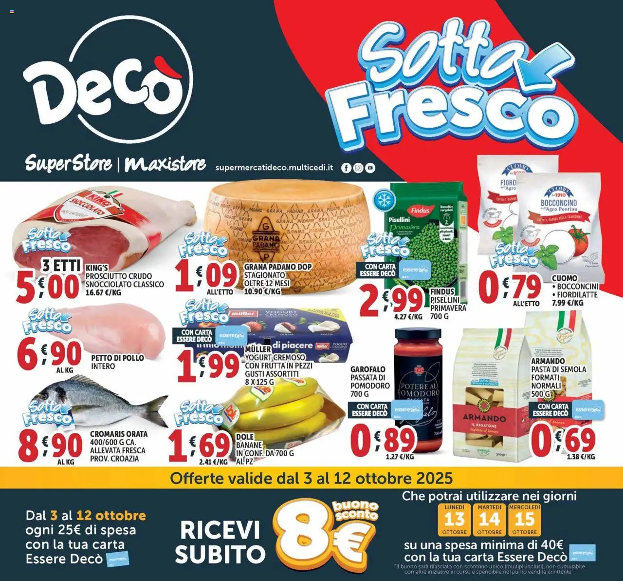 Volantino Decò del 03.10.2025 | Pagina: 1 | Prodotti: Petto di Pollo, Yogurt, Orata, Pomodoro
