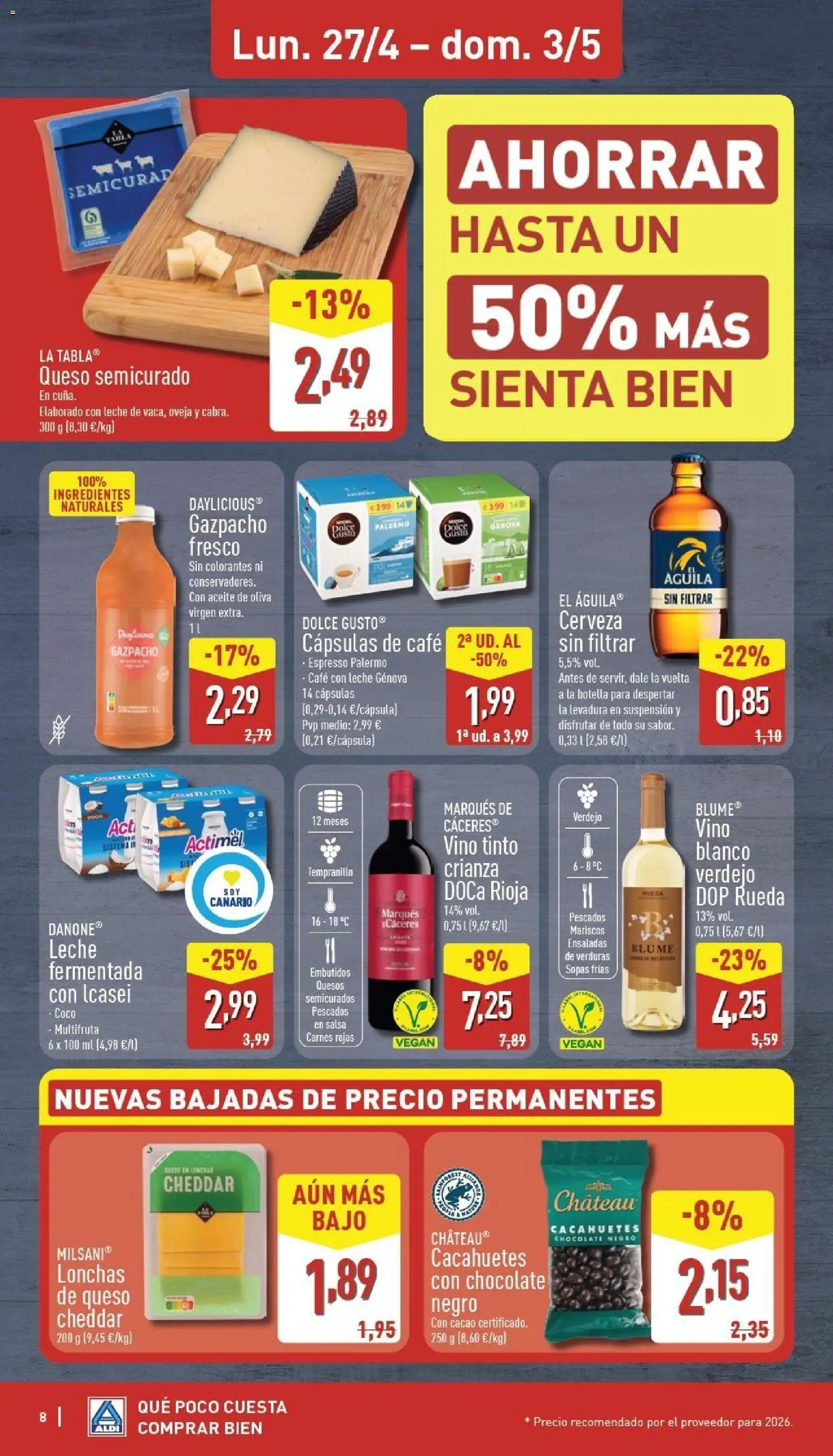 Aldi folleto Canarias │ válido desde el 27.04.2026 | Página: 8 | Productos: Café con leche, Cerveza, Gazpacho, Κλειδαριά της πόρτας