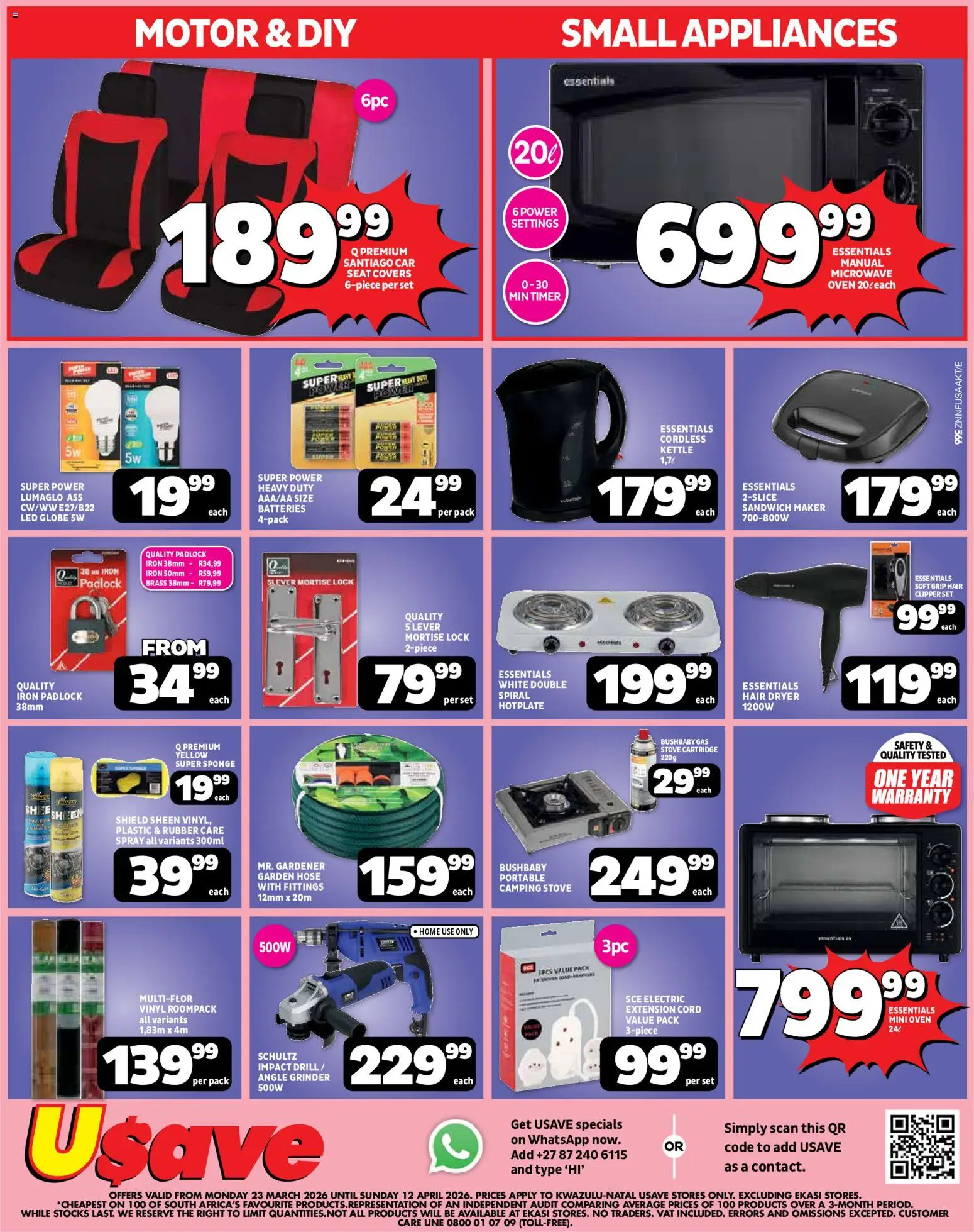 New Usave catalogue – valid from 23.03.2026 | Page: 4 | Products: Stove, Padlock, Hair clipper, Garden hose