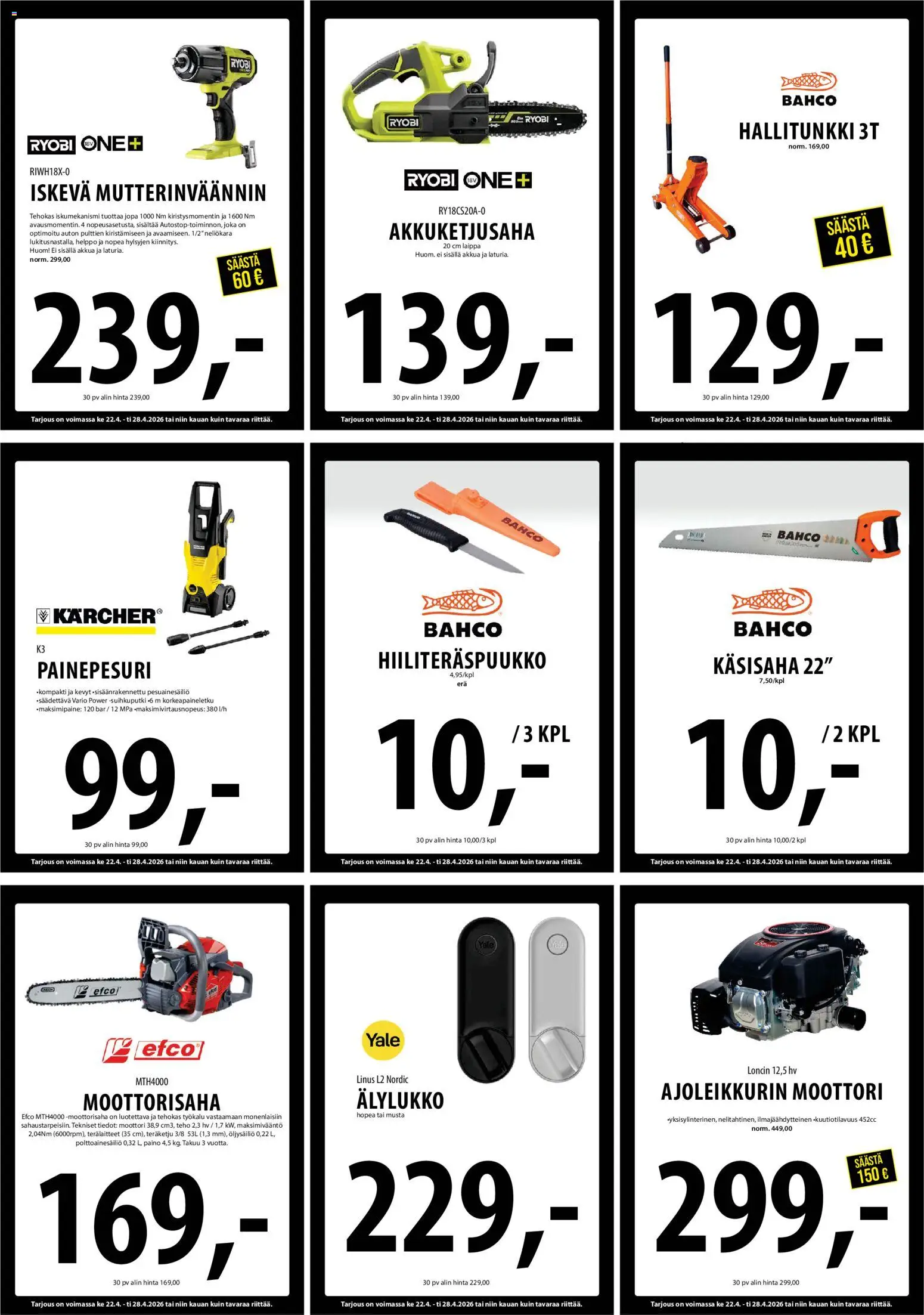 Tuuri tarjoukset – voimassa 22.04.2026 alkaen | Sivu: 26 | Tuotteet: Moottorisaha, Painepesuri