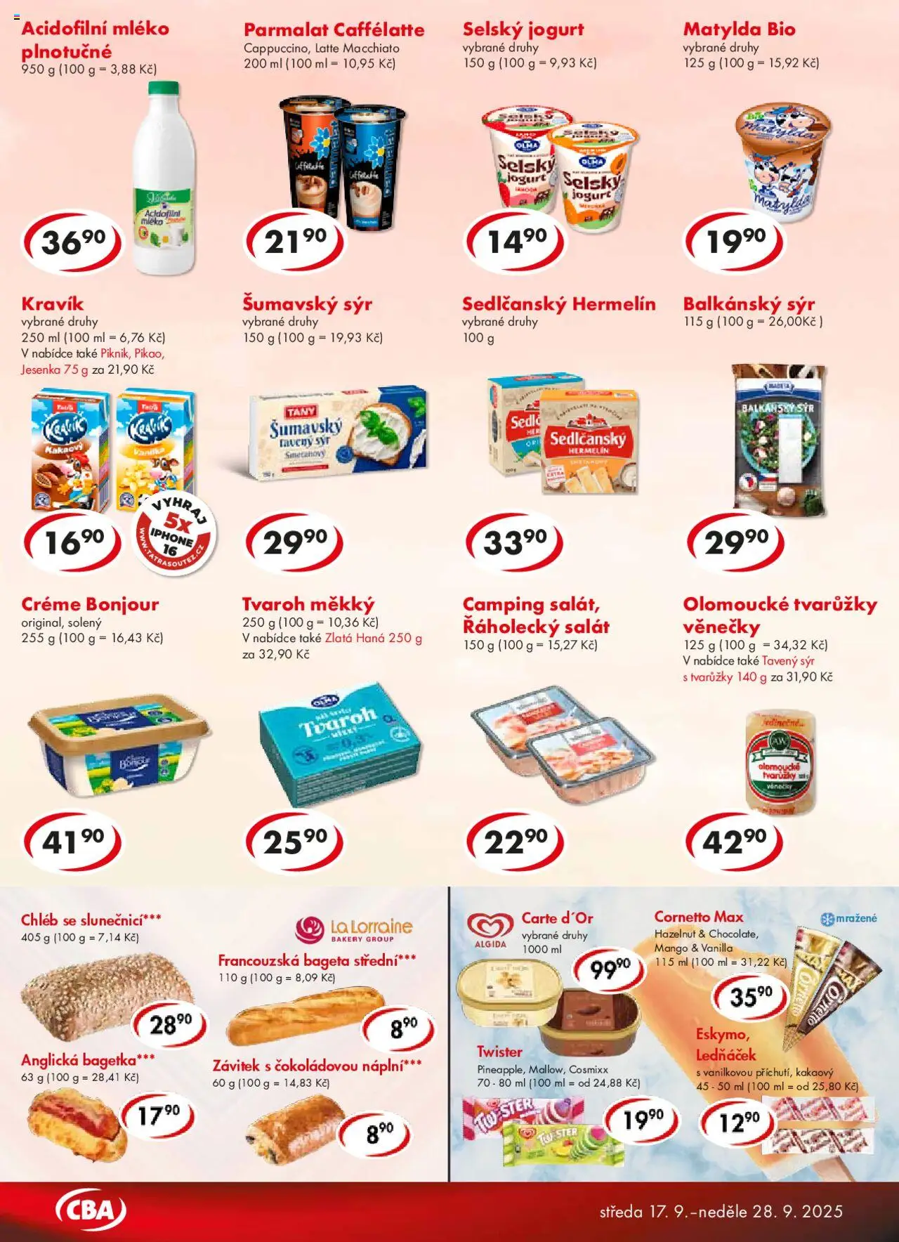 CBA leták od 17.09.2025 | Strana: 2 | Produkty: Mléko, Tvarůžky, Chléb, Zlatá Hana