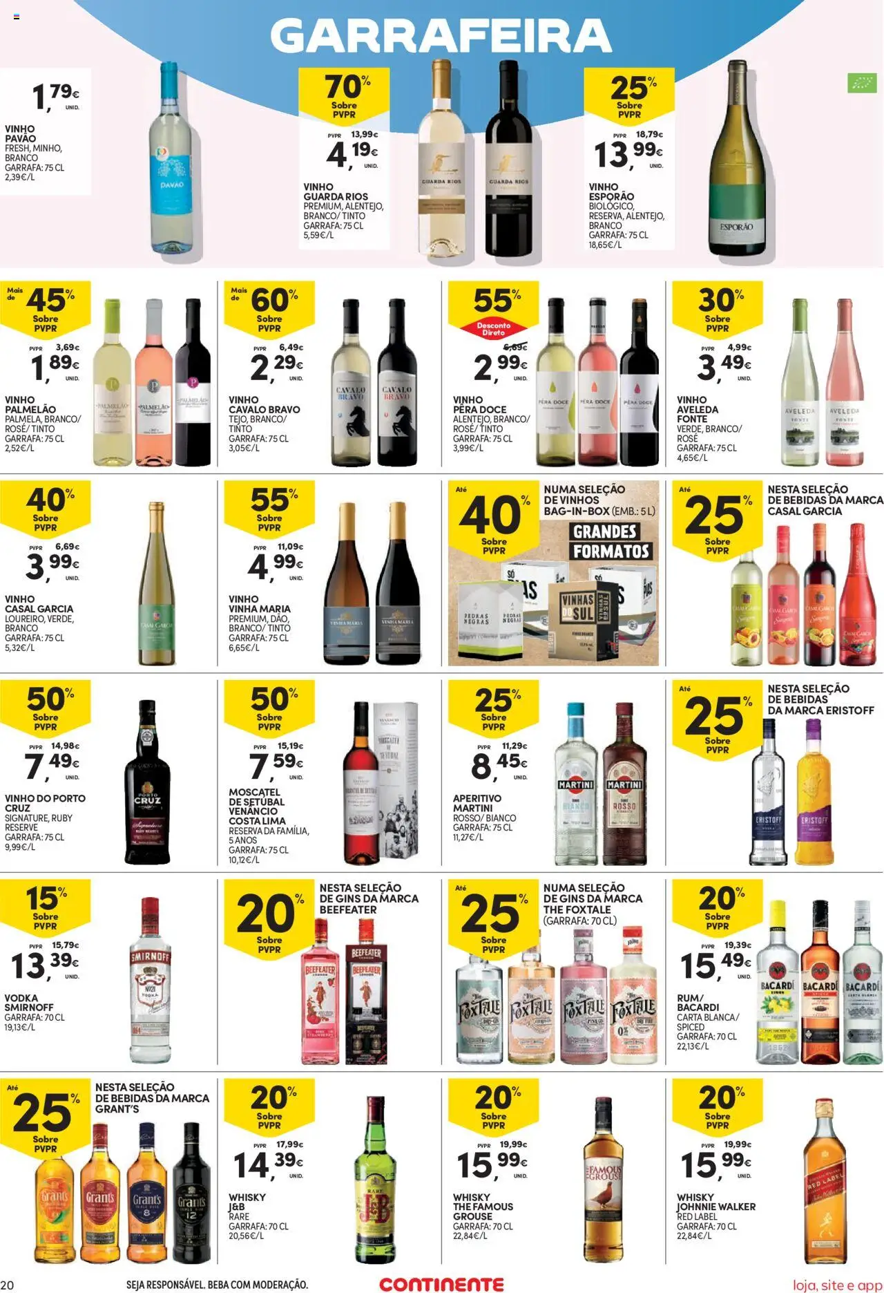 Continente Semanal Continente Bom Dia │ válido de 19.08.2025 | Página: 20 | Produtos: Whisky, Rum, Vinho, Vodka